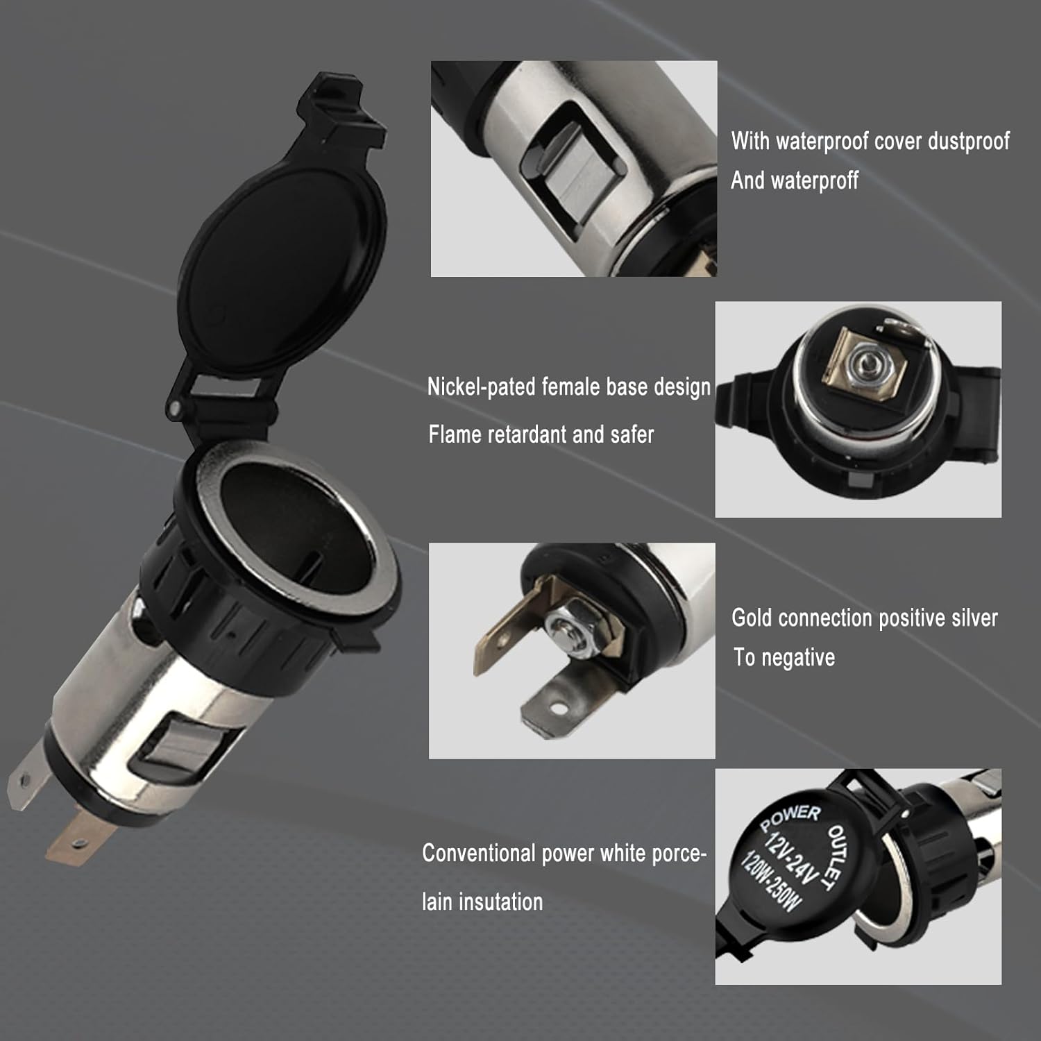 Cigarette Lighter Socket, DC 12V Car Cigarette Lighter,12 Volt Female Power Outlet Socket Replacement with Cover Wiring Harness Waterproof for Automotive Truck RV Boat(2 Pack) - Image 3