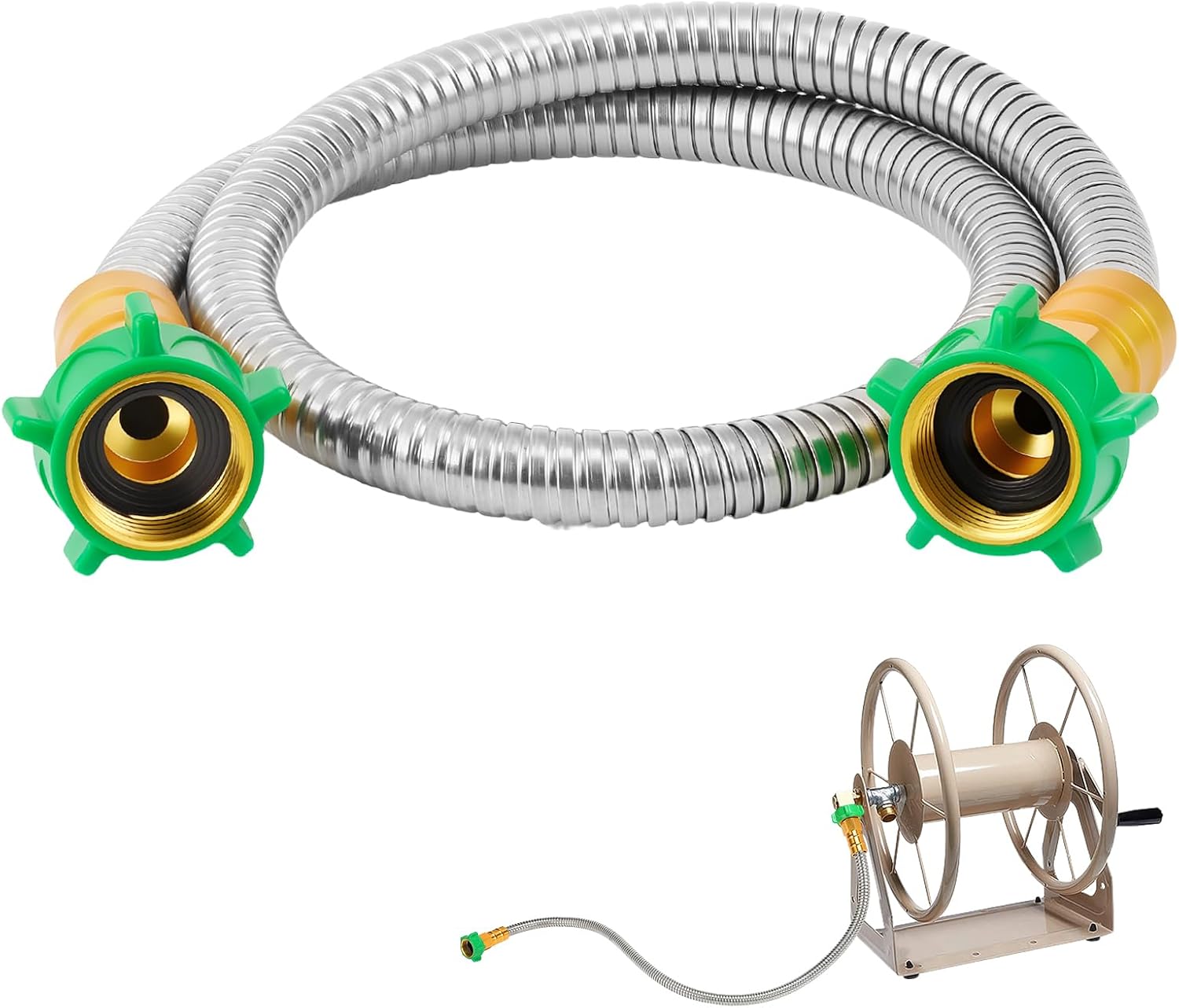 3ft Short Garden Hose with Female to Female Connector - Metal Leakproof Leader Hose for Hose Reel, Heavy Duty 304 Stainless Steel Flexible Hose for Outdoor Garden Watering Car Pet Cleaning - Image 1