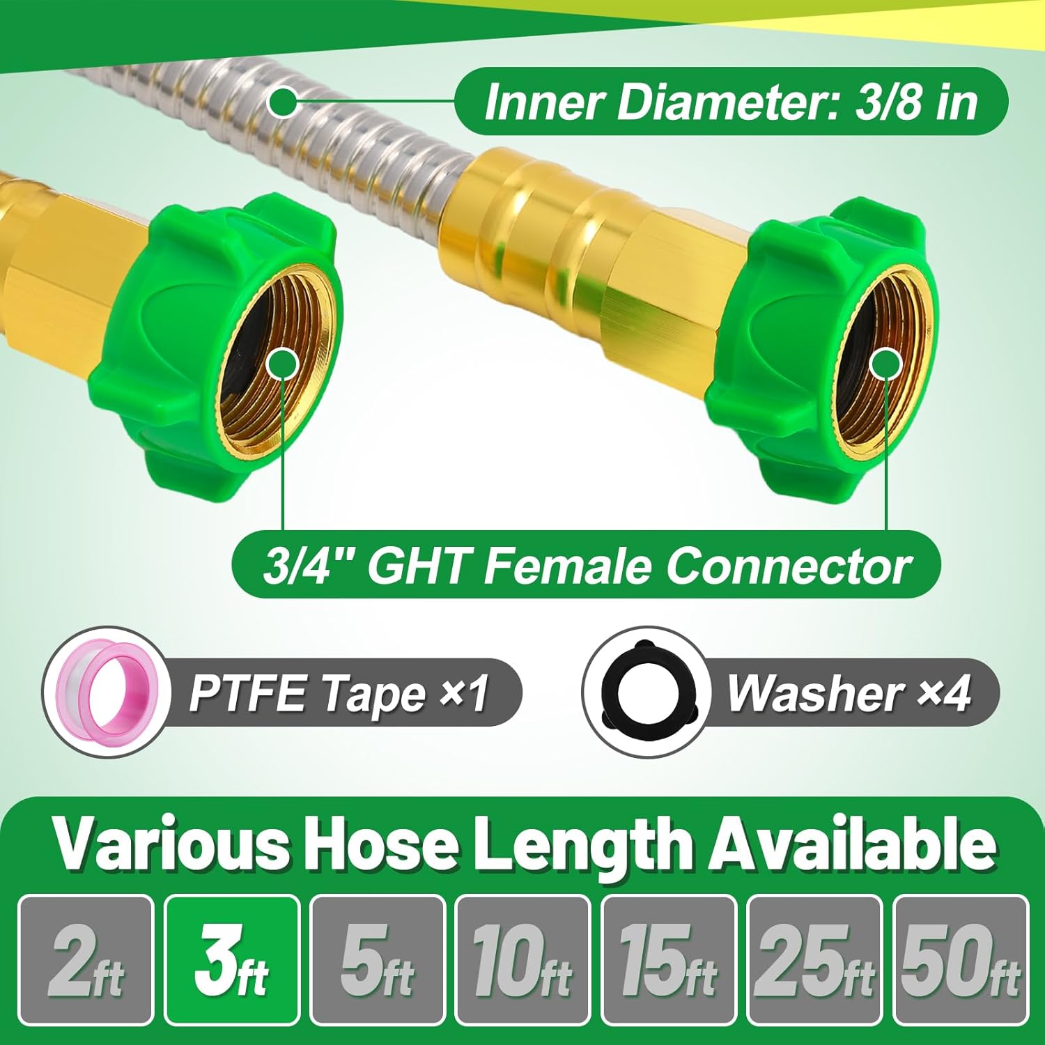 3ft Short Garden Hose with Female to Female Connector - Metal Leakproof Leader Hose for Hose Reel, Heavy Duty 304 Stainless Steel Flexible Hose for Outdoor Garden Watering Car Pet Cleaning - Image 5