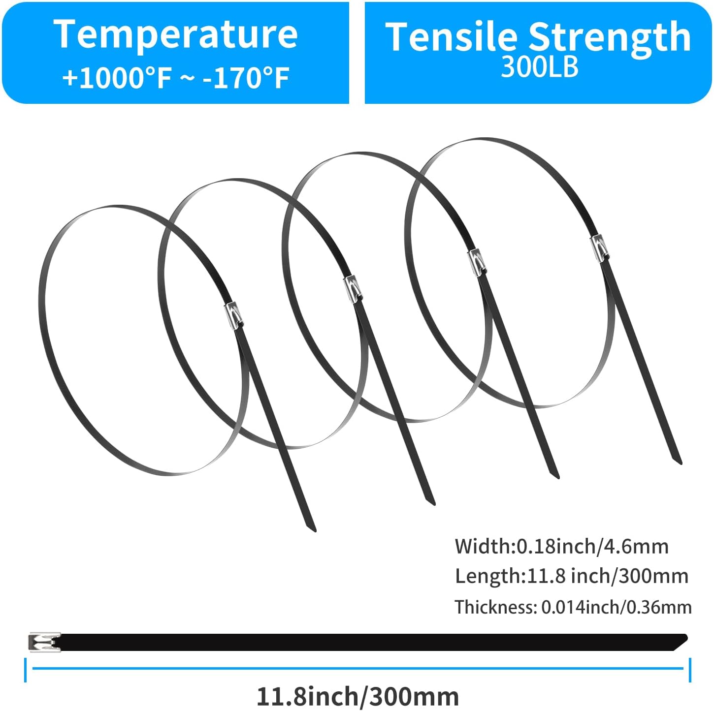 11.8 Inch Metal Zip Ties (200 Pack), 304 Stainless Steel Heavy Duty Zip Ties, 300lbs Tensile Strength, Multi-Purpose Self-locking Cable Ties for Exhaust Wrap, Outdoor and Canopy Etc - Image 2