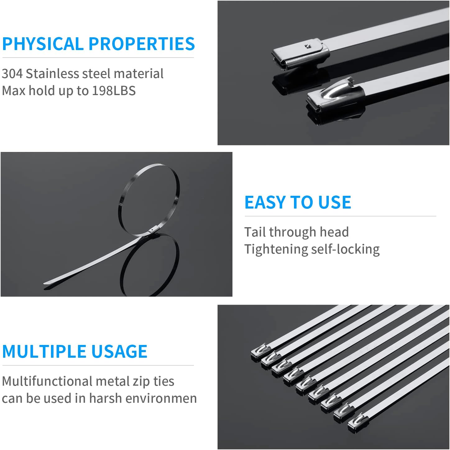 11.8 Inch Metal Zip Ties (200 Pack), 304 Stainless Steel Heavy Duty Zip Ties, 300lbs Tensile Strength, Multi-Purpose Self-locking Cable Ties for Exhaust Wrap, Outdoor and Canopy Etc - Image 4
