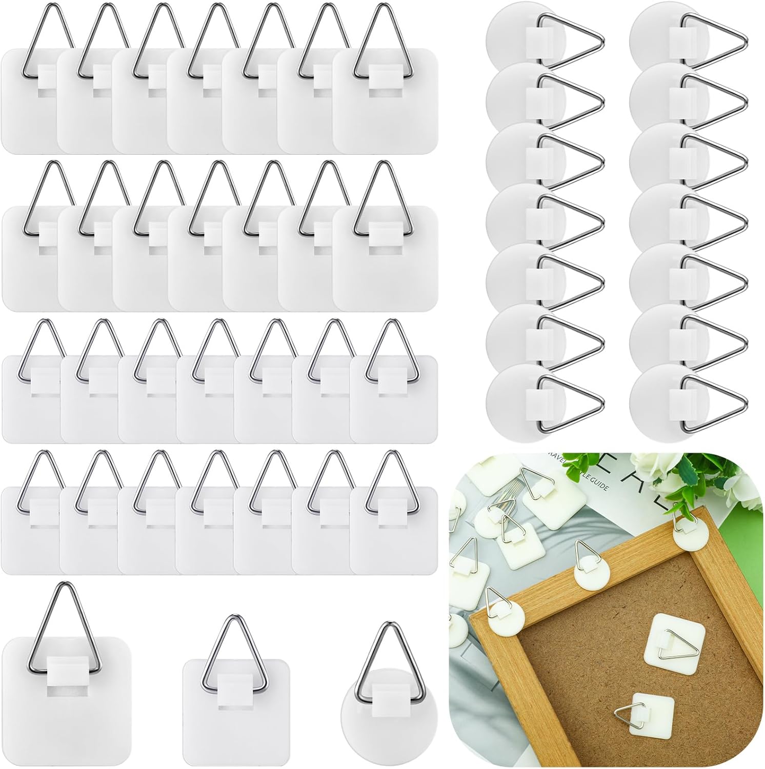 45 Pcs Adhesive Picture Hanger Foamboard Picture Hanging Hooks Without Nails Plastic Sticky Photo Hooks for Home Wall Art Photo Frame Bathroom Closet (Round,Square) - Image 1