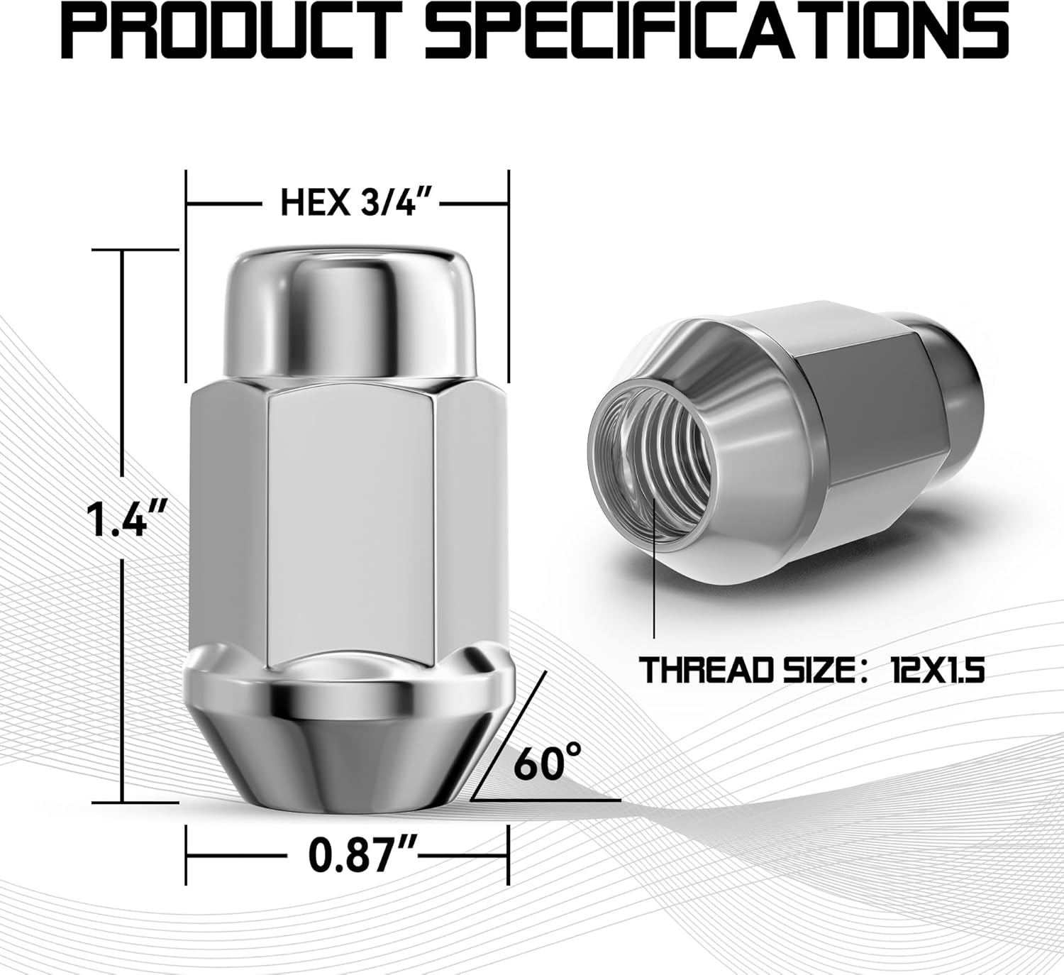 12x1.5 Wheel Lug Nuts, 20PCS Chrome 12mmx1.5 Closed End Bulge Acorn Lug Nut, Cone Seat, 19mm Hex Aftermarket Wheels - Image 5