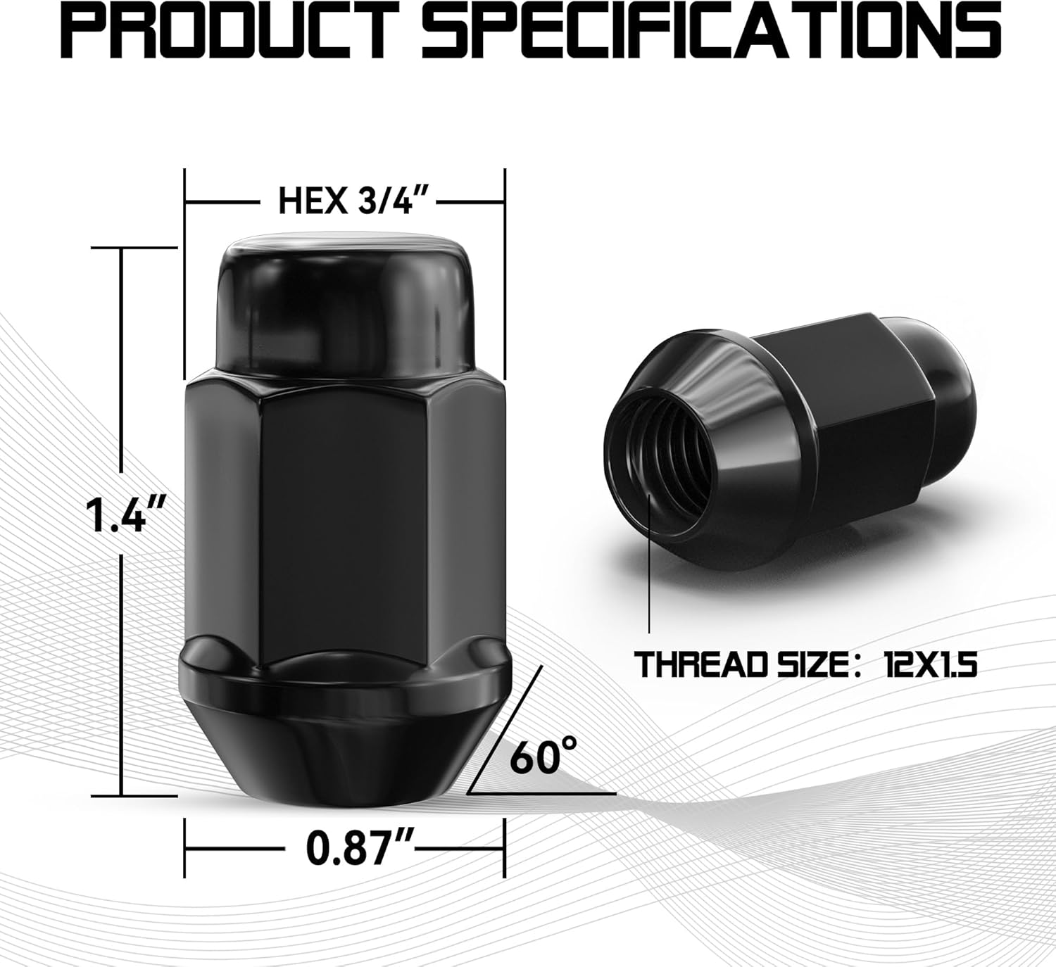 12x1.5 Wheel Lug Nuts, 20PCS Black 12mmx1.5 Closed End Bulge Acorn Lug Nut, Cone Seat, 19mm Hex Aftermarket Wheels - Image 2