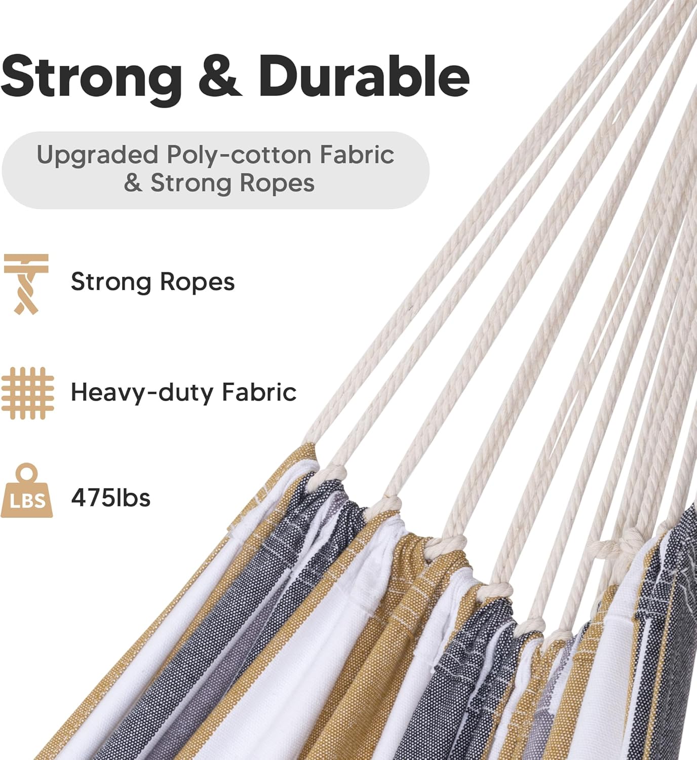 Large Hammock for Tree, Outdoor Tree Fabric Hammock Only, Coffee Stripes - Image 3