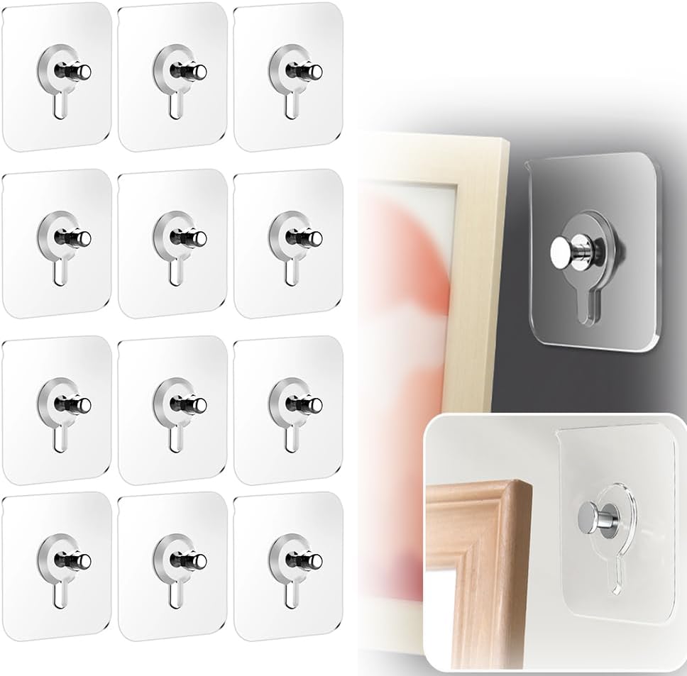 Drill Free Adhesive Hooks,Upgraded Picture Hangers Without Nails,Adhesive Wall Mount Screw Hooks for Hanging,Nail Free Wall Hangers for Kitchen, Bathroom (12 PCS, 2.36 * 2.36 inch) - Image 1