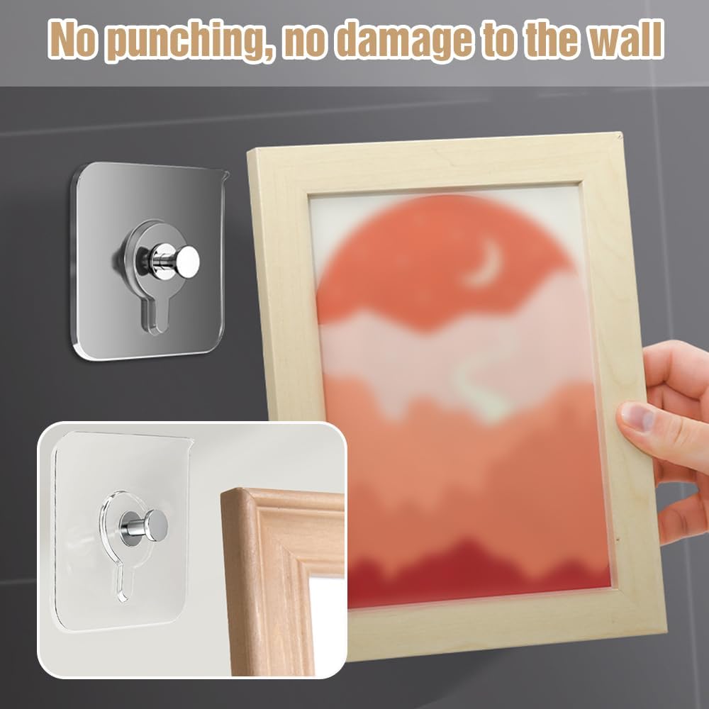 Drill Free Adhesive Hooks,Upgraded Picture Hangers Without Nails,Adhesive Wall Mount Screw Hooks for Hanging,Nail Free Wall Hangers for Kitchen, Bathroom (12 PCS, 2.36 * 2.36 inch) - Image 2