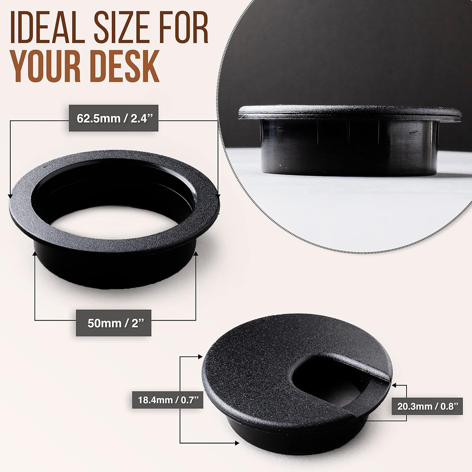 Desk Grommet 2 Inch (50 mm) Pack of 5-Black ABS Plastic Cable Hole Cover to Arrange Wires & Cords Through Computer Table/Countertops - Image 2