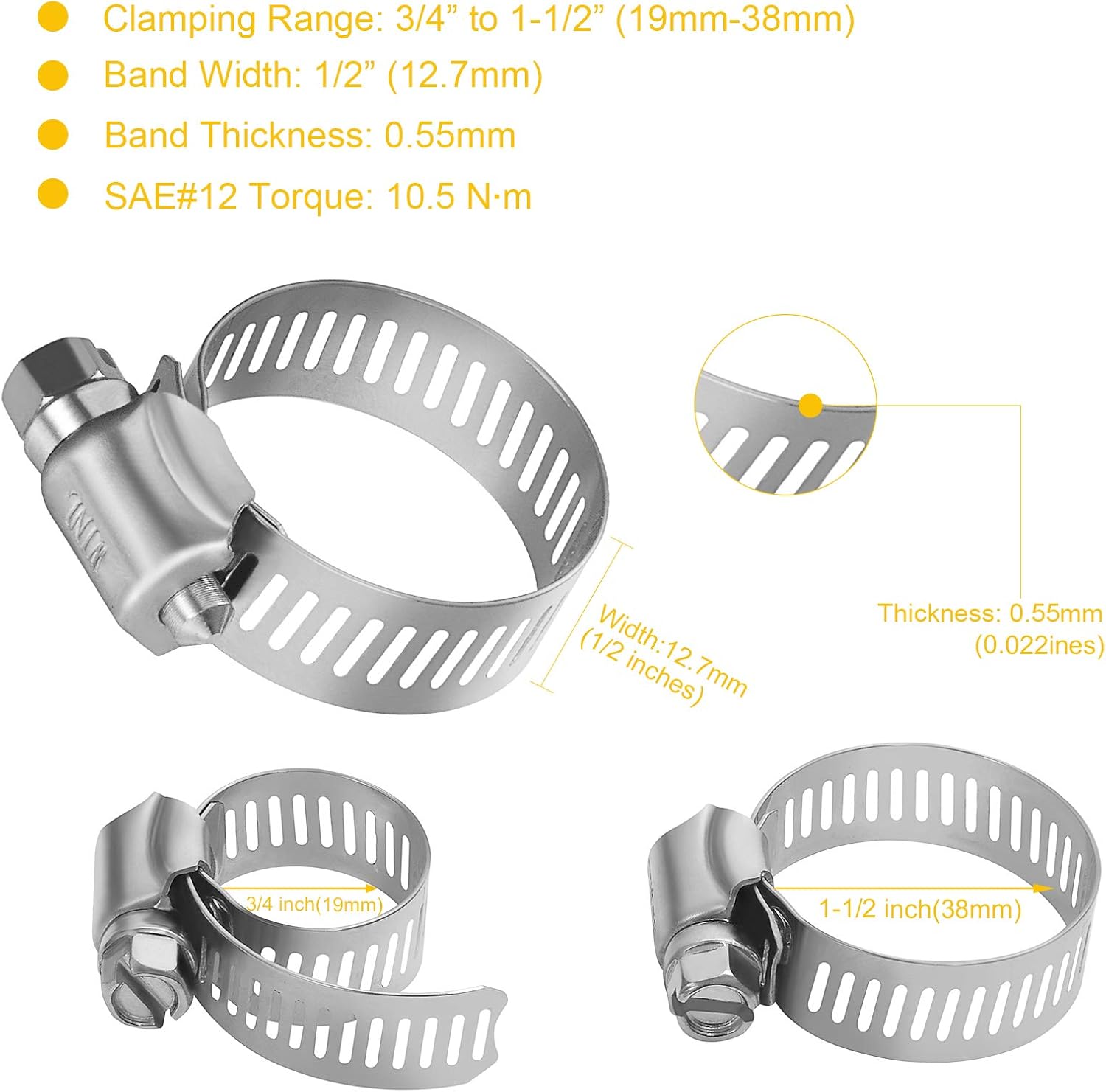 Stainless Steel Hose Clamps - 16 Pack Worm Gear Drive Hose Clamps SAE 16 Clamping Range 3/4 Inch to 1-1/2 Inch (19mm-38mm) for Automotive Plumbing, 3/4'', 1'', 1 1/4'' Clamps - Image 3