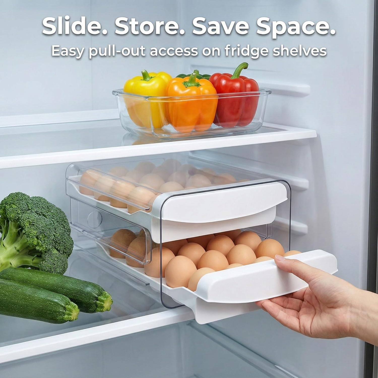 ® Egg Holder for Fridge, 2-Tier Stackable 40 Eggs Organizer Drawer for Refrigerator, Space-Saving Egg Container, Clear Plastic Egg Tray for Kitchen Storage - Image 2