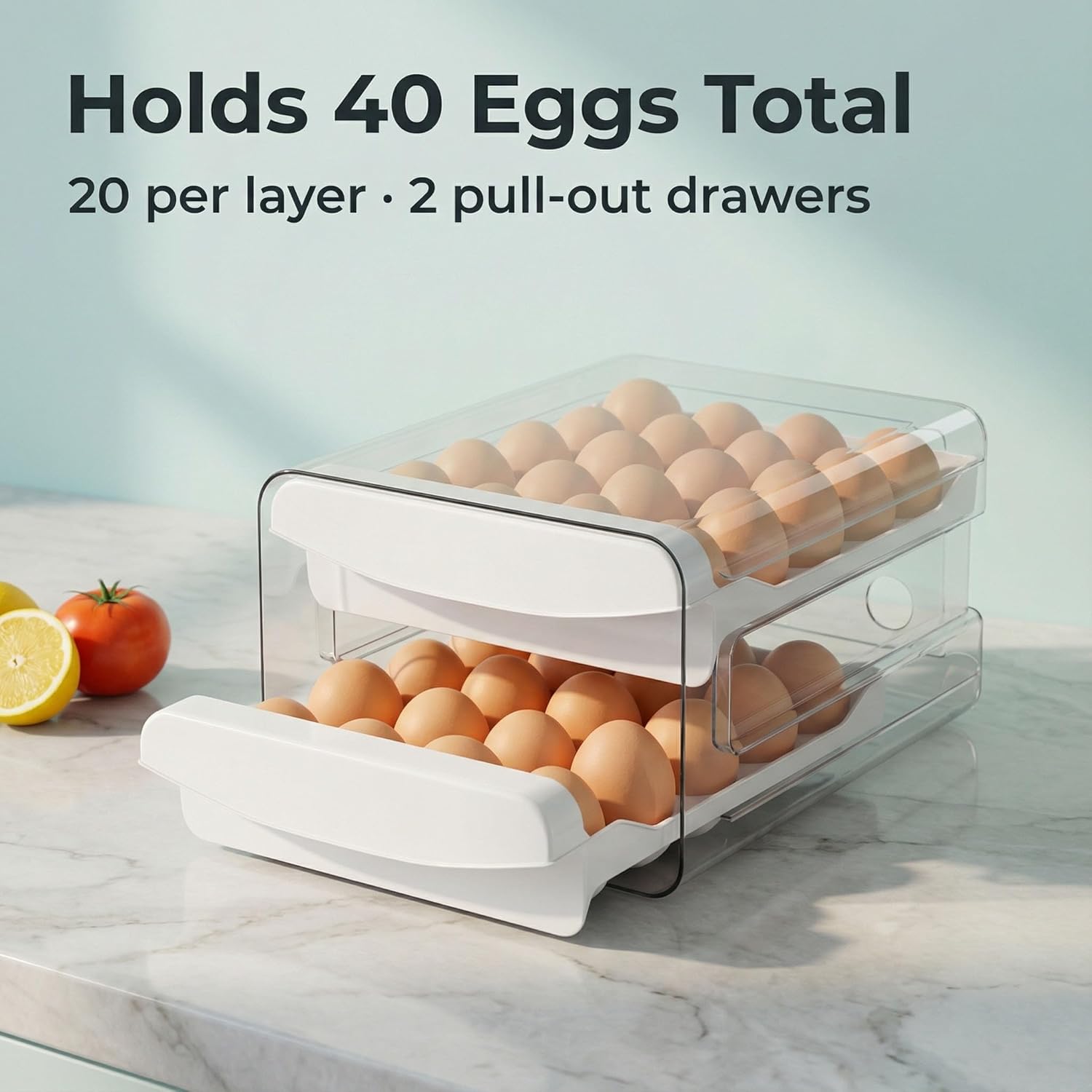® Egg Holder for Fridge, 2-Tier Stackable 40 Eggs Organizer Drawer for Refrigerator, Space-Saving Egg Container, Clear Plastic Egg Tray for Kitchen Storage - Image 4
