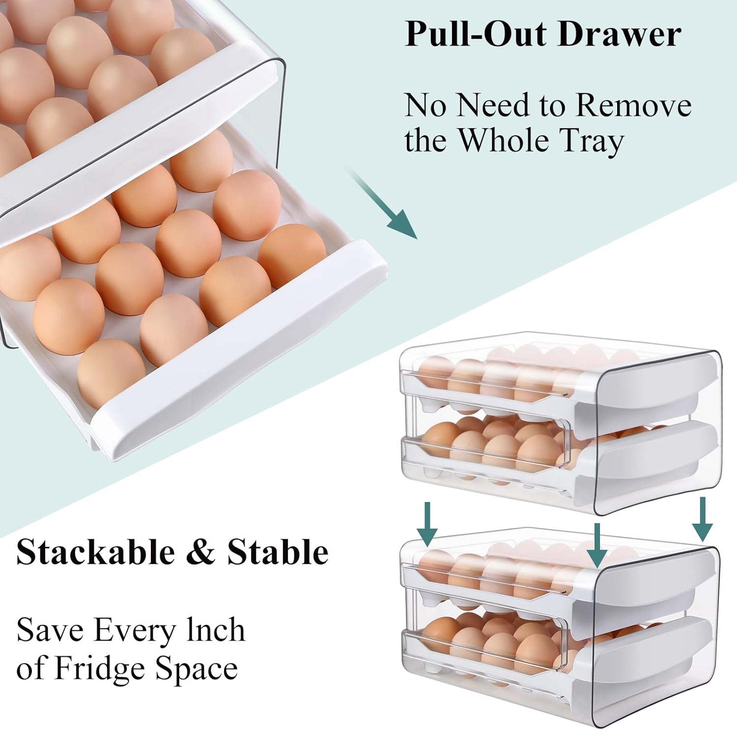 ® Egg Holder for Fridge, 2-Tier Stackable 40 Eggs Organizer Drawer for Refrigerator, Space-Saving Egg Container, Clear Plastic Egg Tray for Kitchen Storage - Image 6
