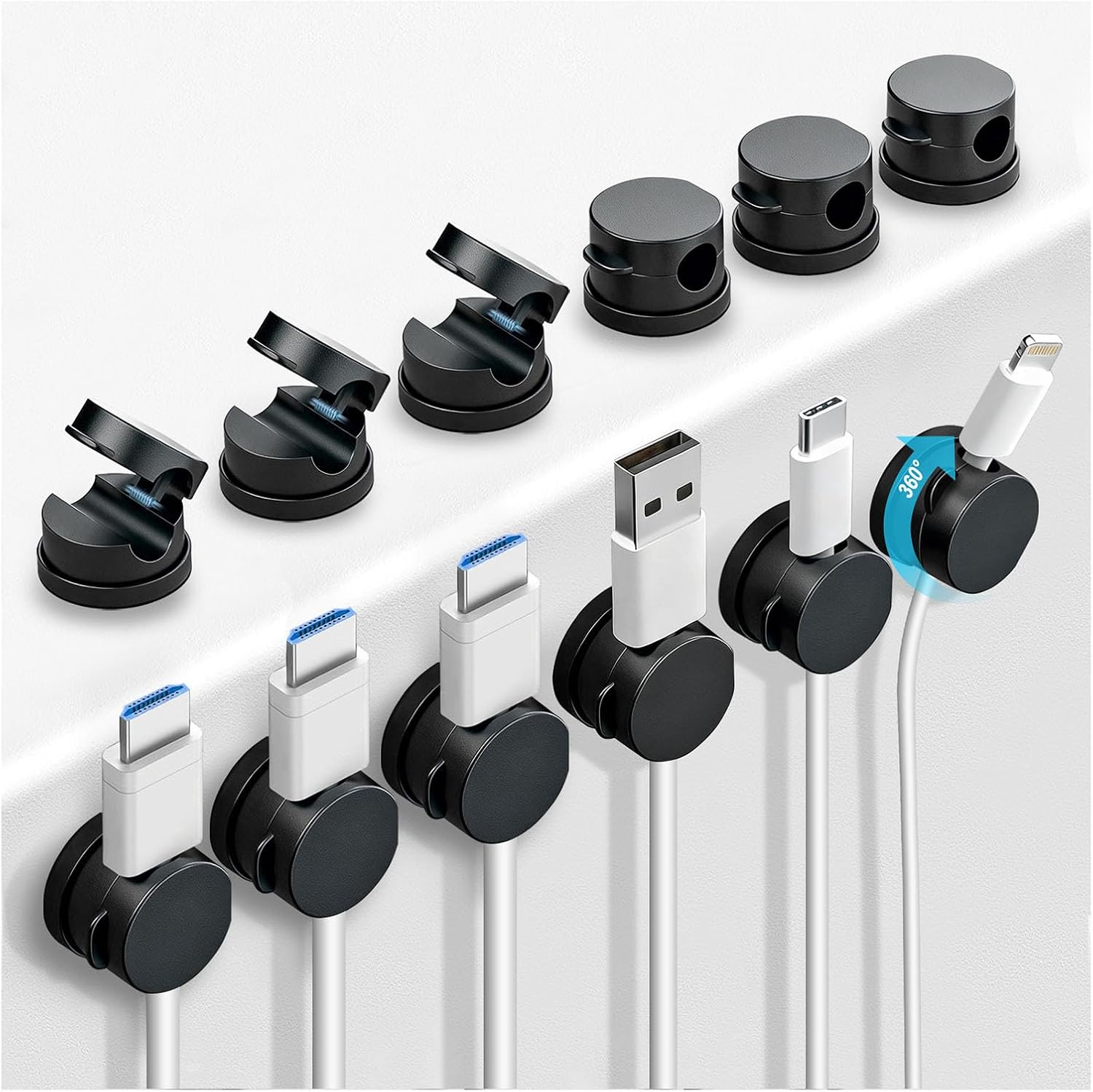 12 Pack 360° Rotatable Spring Cable Clips[1s Lock], Adhesive Cord Holder for Nightstand, Phone Charger Cord Holder for Desk Home Office Car Game Station - Image 1