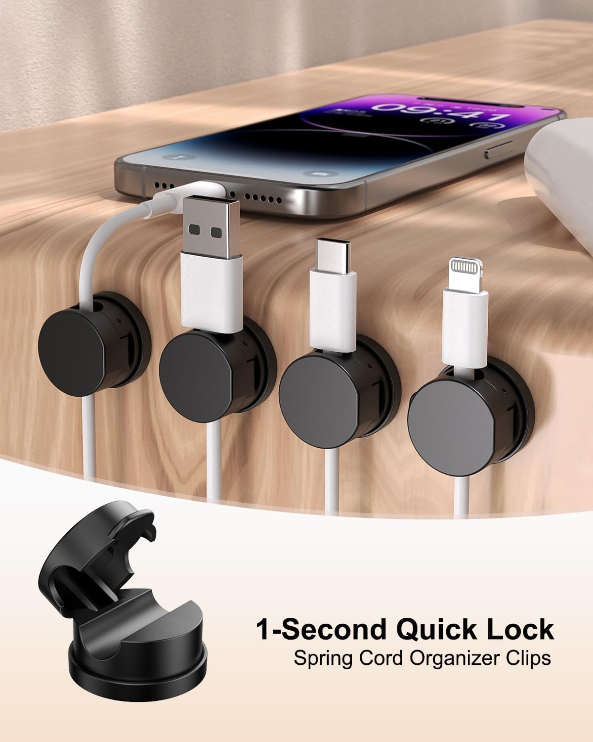 12 Pack 360° Rotatable Spring Cable Clips[1s Lock], Adhesive Cord Holder for Nightstand, Phone Charger Cord Holder for Desk Home Office Car Game Station - Image 2