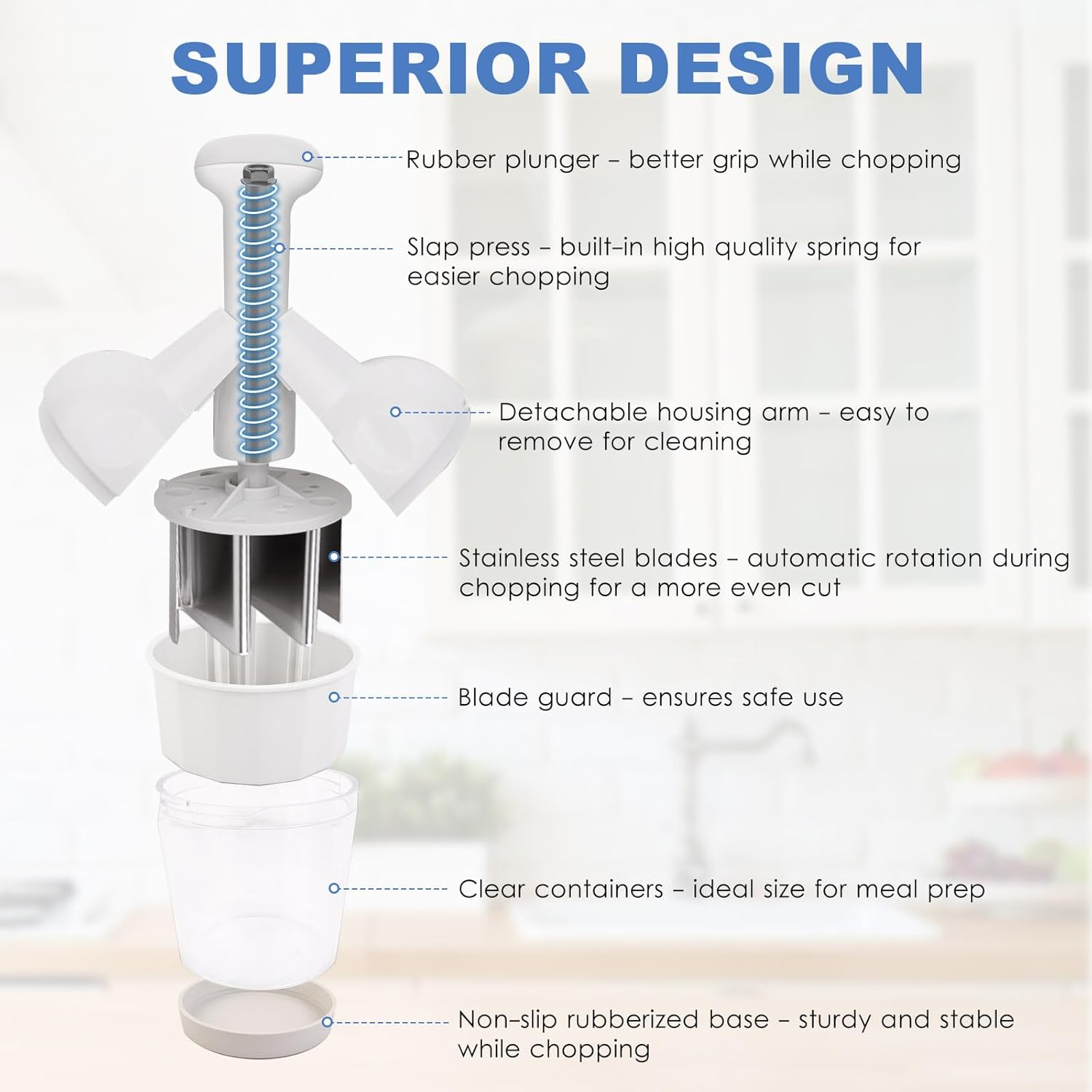 Vegetable Chopper, Food Chopper Manual Hand, Onion, Salad, Garlic, Nut & Veggie Cutter, Dishwasher Safe, White - Image 3