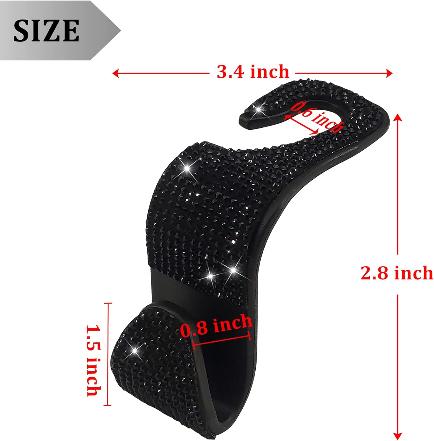 2 Pack Car Hooks, 2021 New Bling Rhinestones Crystal Hooks Car Decorations Auto Seat Back Organizers Strong and Durable Backseat Hanger Storage Universal for SUV Truck Vehicle (Black) - Image 2