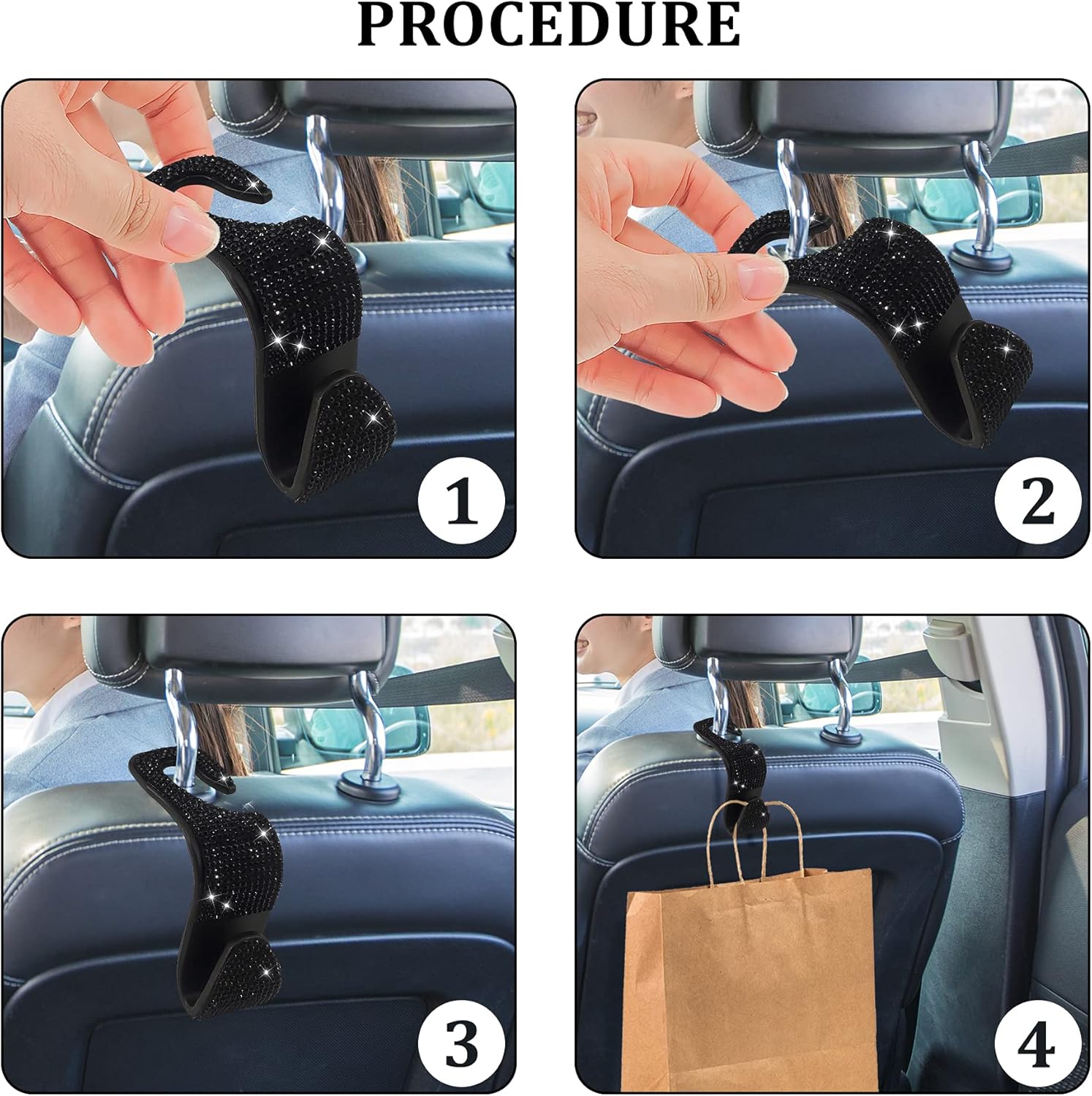 2 Pack Car Hooks, 2021 New Bling Rhinestones Crystal Hooks Car Decorations Auto Seat Back Organizers Strong and Durable Backseat Hanger Storage Universal for SUV Truck Vehicle (Black) - Image 4