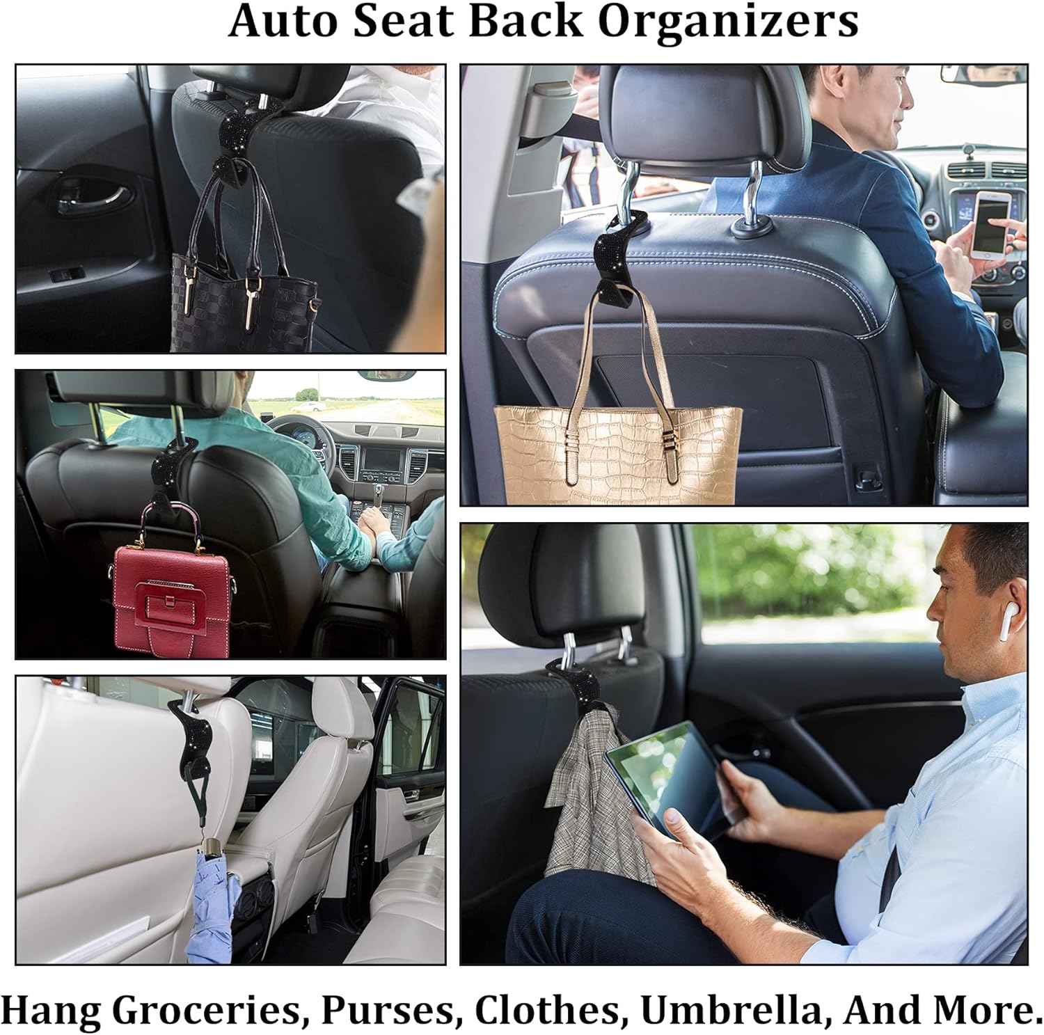 2 Pack Car Hooks, 2021 New Bling Rhinestones Crystal Hooks Car Decorations Auto Seat Back Organizers Strong and Durable Backseat Hanger Storage Universal for SUV Truck Vehicle (Black) - Image 5