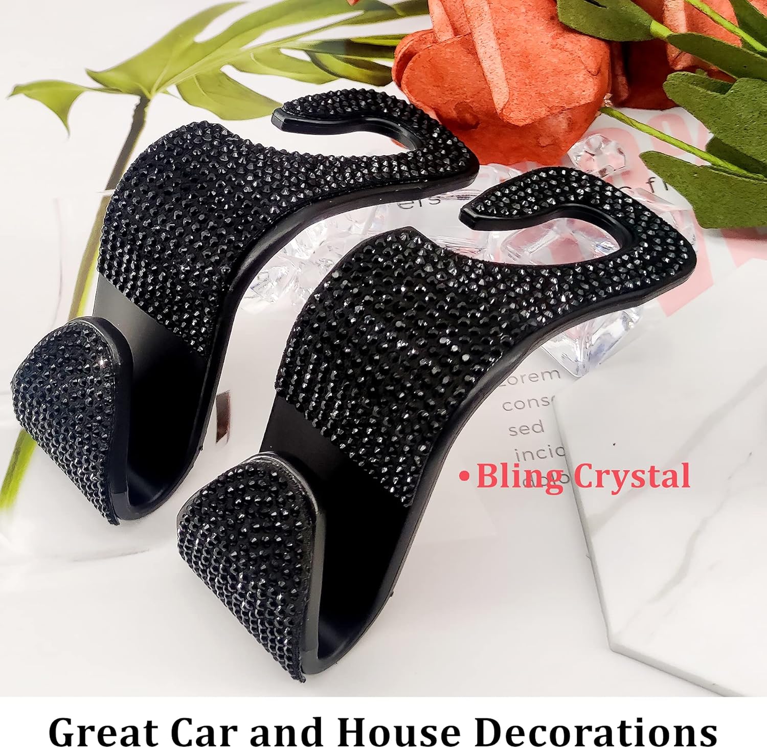2 Pack Car Hooks, 2021 New Bling Rhinestones Crystal Hooks Car Decorations Auto Seat Back Organizers Strong and Durable Backseat Hanger Storage Universal for SUV Truck Vehicle (Black) - Image 6