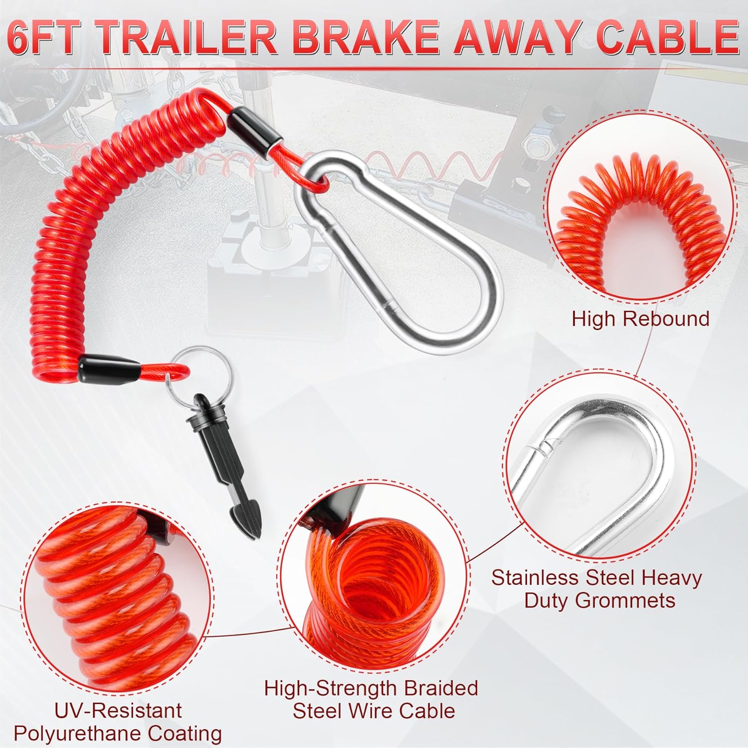 6FT Breakaway Trailer Cable,Heavy Duty Stainless Steel Spring Towing Coiled Wire,Emergency Brake Wire Camper Safety Breakaway Cable with Pin,RV Trailer Accessories - Image 2