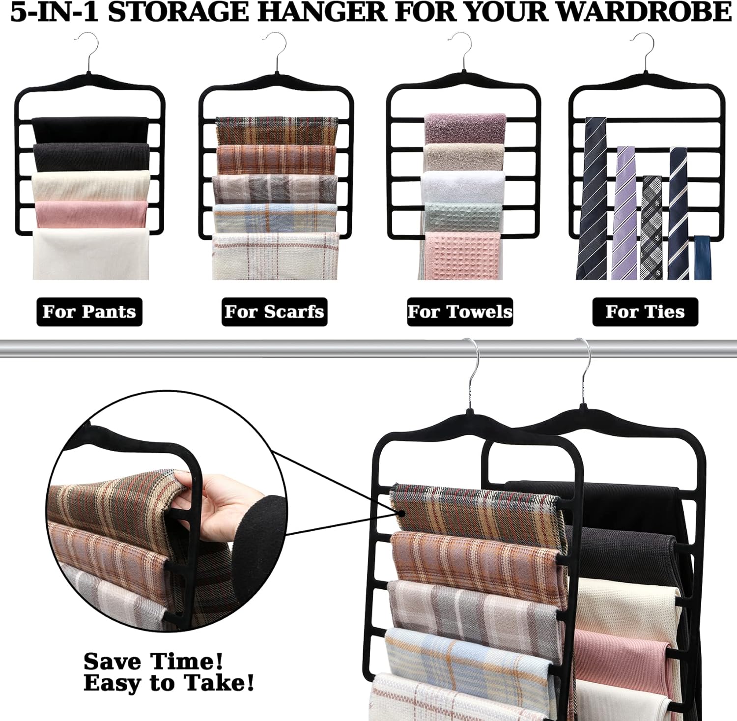 Closet Organizers and Storage,3 Pack Velvet Pants-Hangers-Space-Saving,Non Silp 5 Tier Scarf Jeans Organizer,Dorm Room Essentials for College Students Girls Boys Guys,Organization and Storage - Image 3