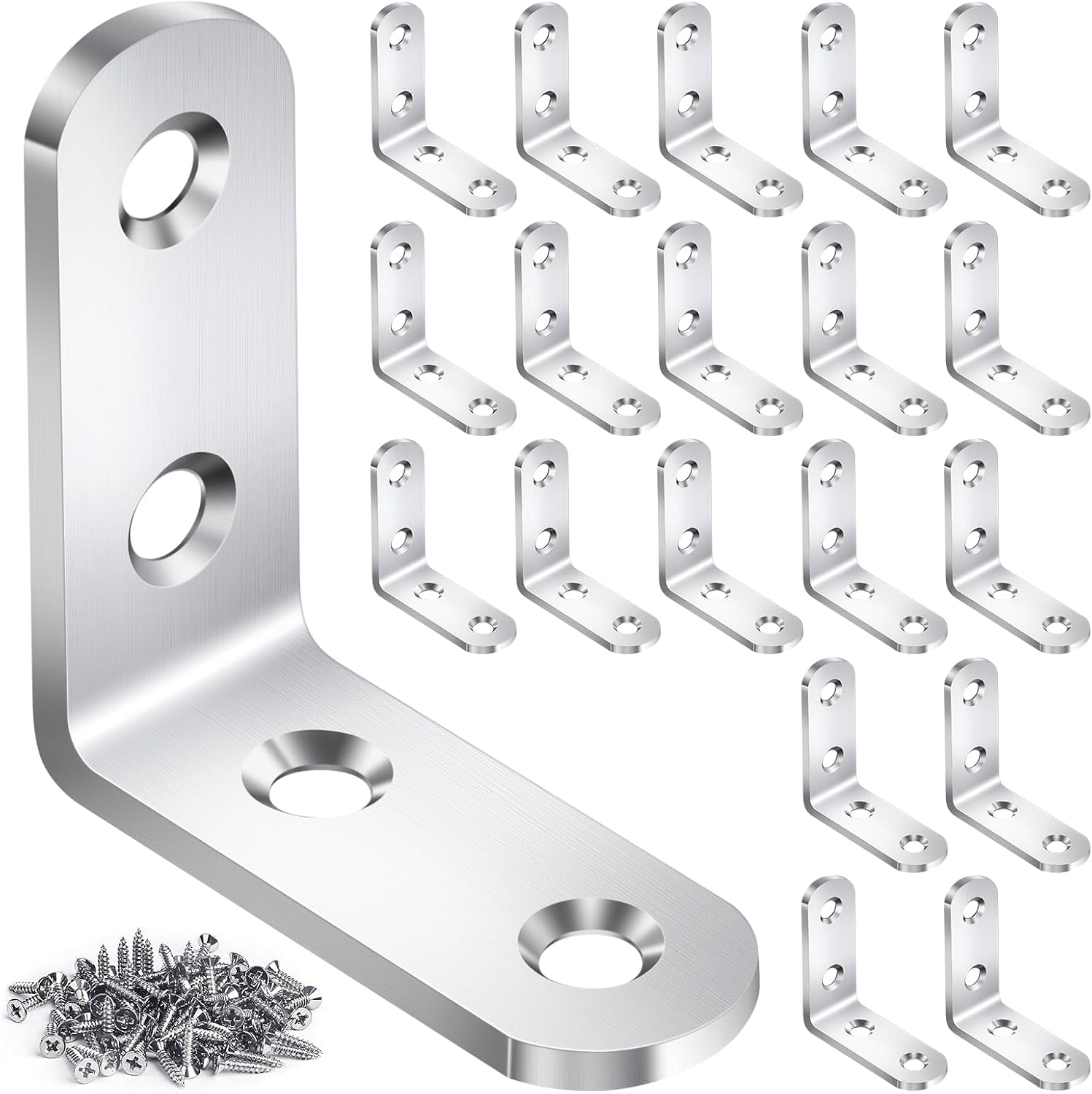 20PCS L Bracket Corner Brace Sets, Stainless Steel L Brackets for Wood Shelves, 90 Degree Right Angle Bracket with 80 Screws, Metal Corner Brackets for Furniture Cabinet Drawer Chair (1.57x1.57 in) - Image 1
