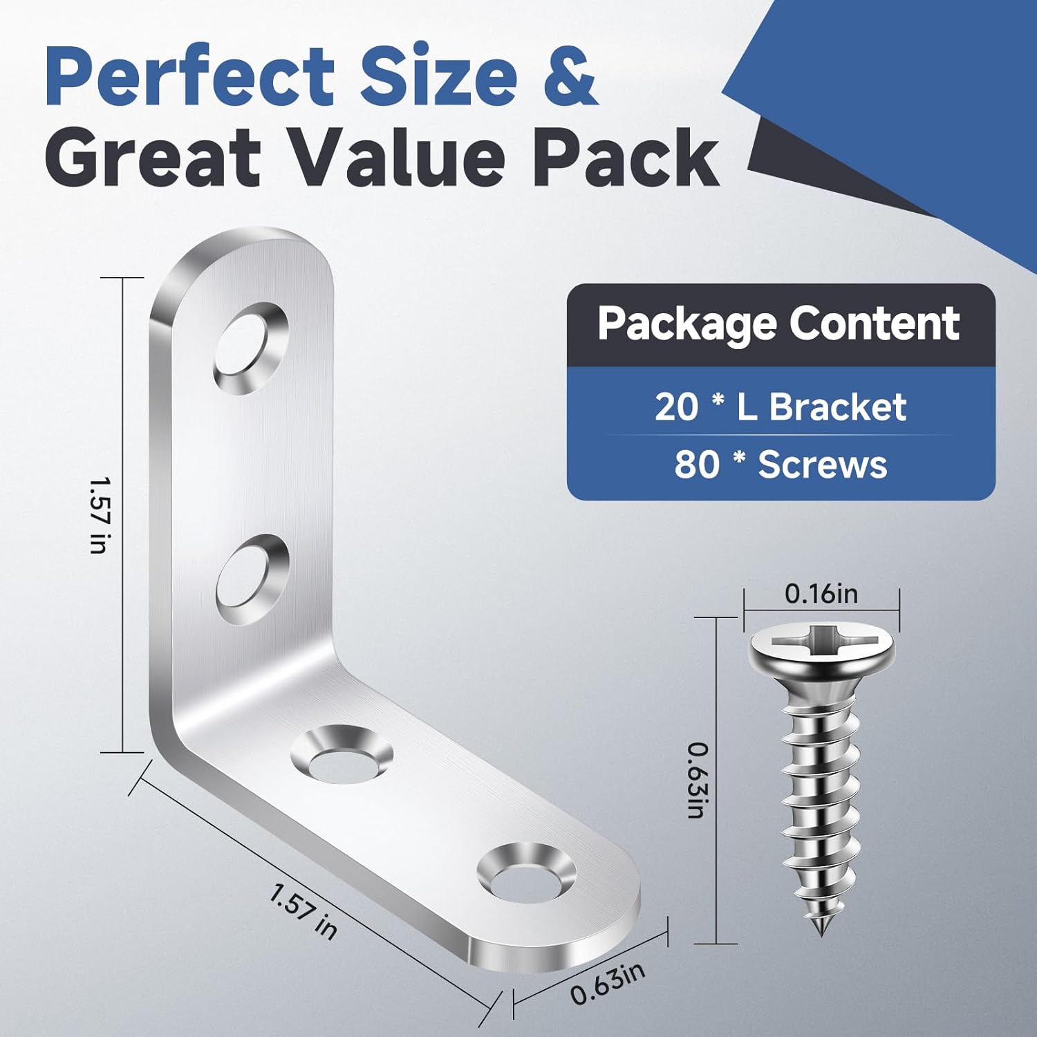 20PCS L Bracket Corner Brace Sets, Stainless Steel L Brackets for Wood Shelves, 90 Degree Right Angle Bracket with 80 Screws, Metal Corner Brackets for Furniture Cabinet Drawer Chair (1.57x1.57 in) - Image 2