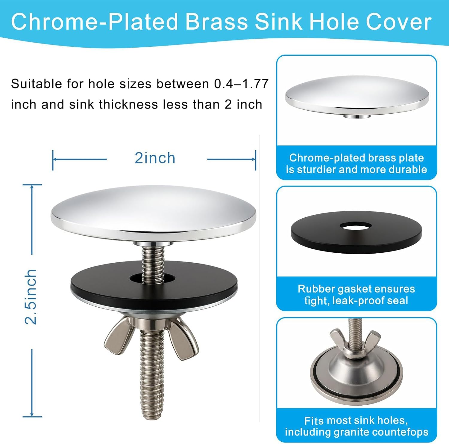 2-Inch Faucet Hole Cover, Sink Hole Cover, Solid Brass Chrome-Plated Kitchen Sink Tap Hole Plate Stopper Cover for Home Kitchen and Bathroom, Kitchen Sink Hole Covers (Silver) - Image 2