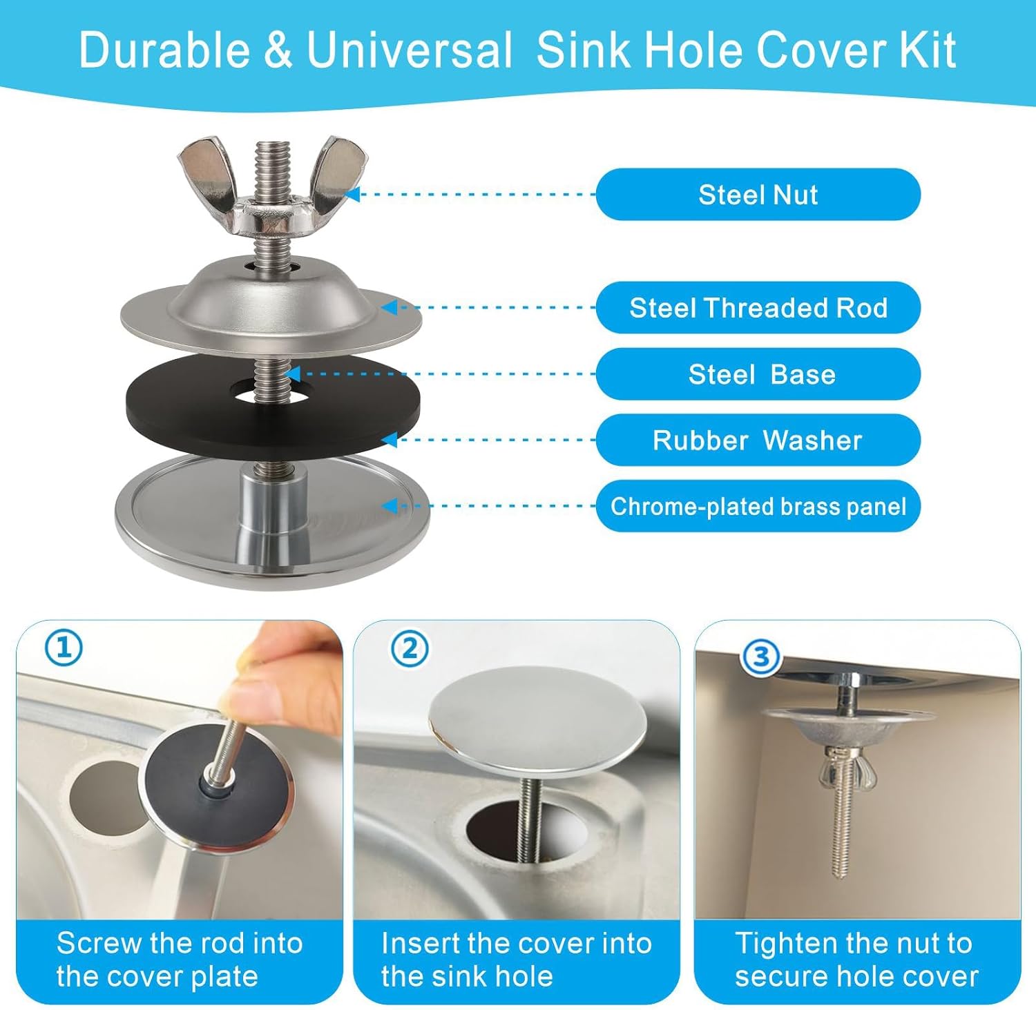 2-Inch Faucet Hole Cover, Sink Hole Cover, Solid Brass Chrome-Plated Kitchen Sink Tap Hole Plate Stopper Cover for Home Kitchen and Bathroom, Kitchen Sink Hole Covers (Silver) - Image 4