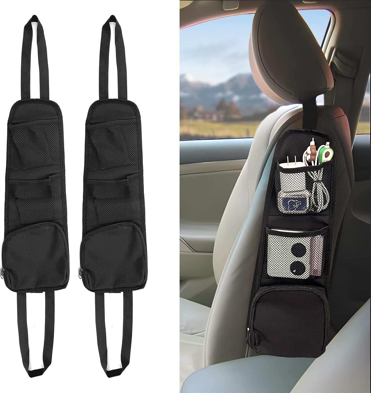 2PCS Car Seat Storage Hanging Bag, Multi-Pocket Seat Side Organizer, Multifunctional Mesh Net Pocket, Can Hold Mobile Phone, Wallet, Glasses, Suitable for Cars, SUVs, Trucks - Image 1