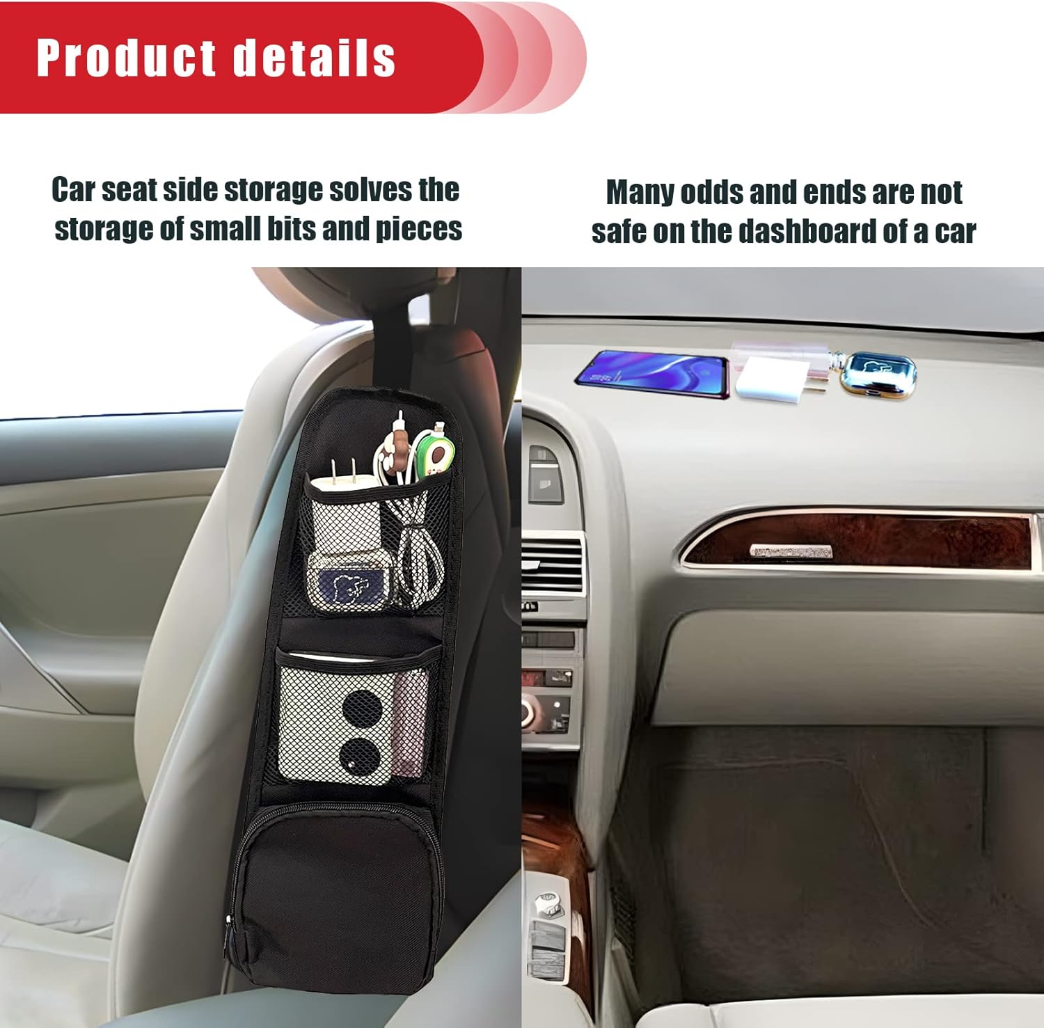 2PCS Car Seat Storage Hanging Bag, Multi-Pocket Seat Side Organizer, Multifunctional Mesh Net Pocket, Can Hold Mobile Phone, Wallet, Glasses, Suitable for Cars, SUVs, Trucks - Image 4