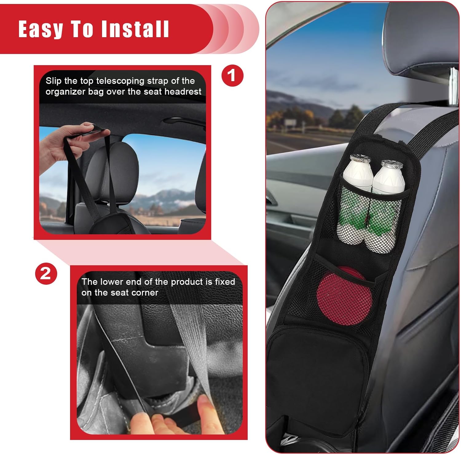2PCS Car Seat Storage Hanging Bag, Multi-Pocket Seat Side Organizer, Multifunctional Mesh Net Pocket, Can Hold Mobile Phone, Wallet, Glasses, Suitable for Cars, SUVs, Trucks - Image 5