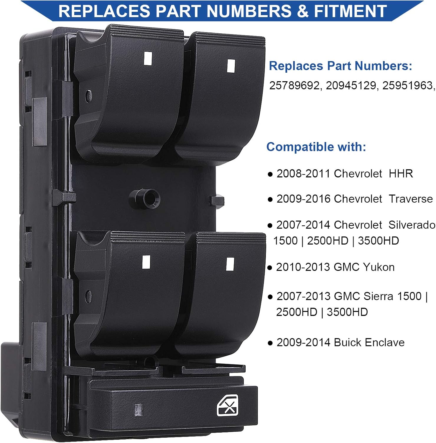 Driver Side Power Master Window Switch, Compatible with Chevy Silverado/Chevrolet Traverse/HHR/2007-2013 GMC Sierra/Yukon/Buick Enclave Replace OE 20945129 25789692 - Image 2