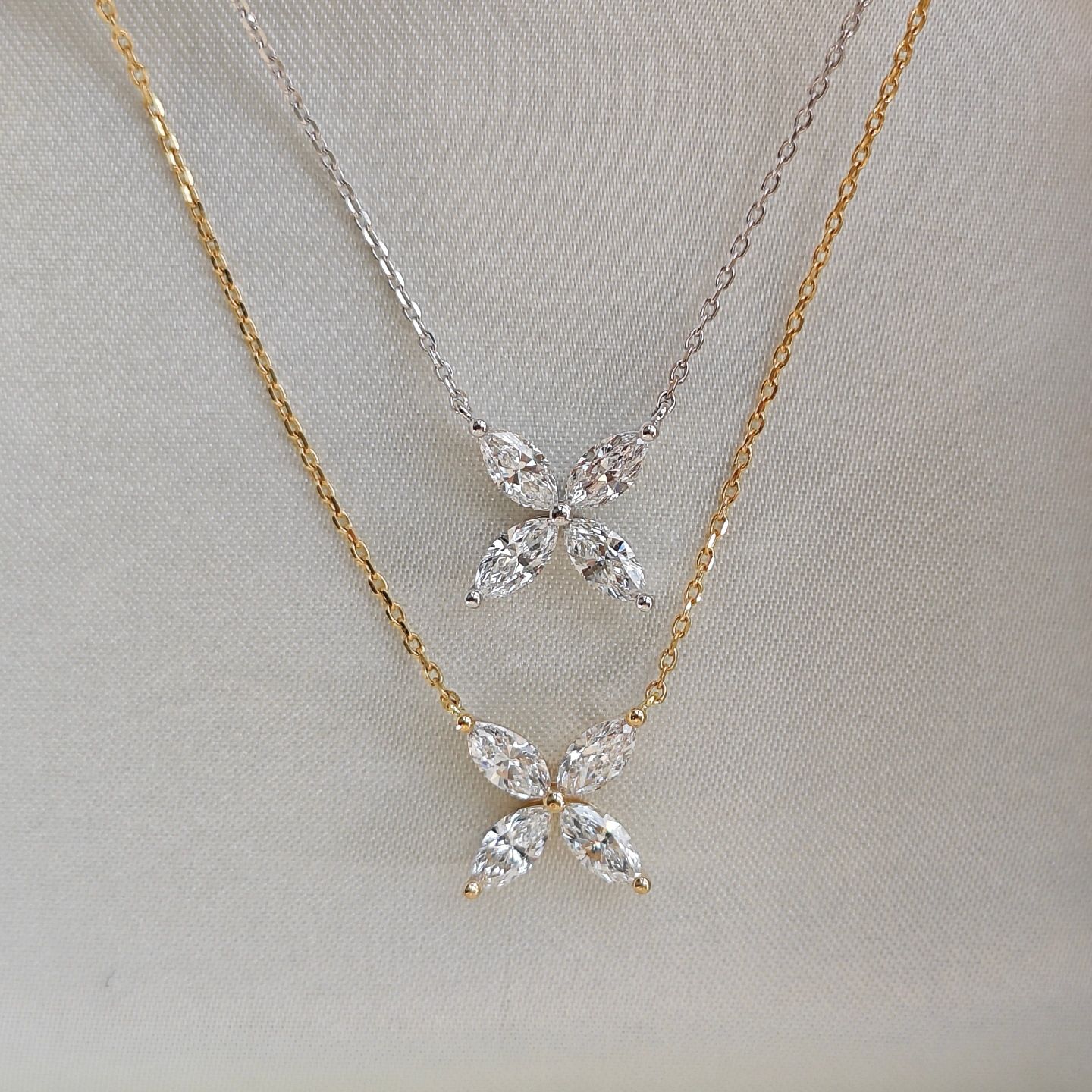S925 Sterling Silver 4-Leaf Clover Zircon Pendant Necklace 2-Pack - 18K Gold + White Gold Plated Lucky Charm Chain for Women - Delicate Daily Wear Jewelry - Image 2
