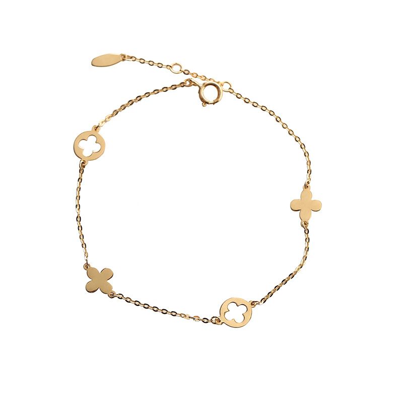 S925 Sterling Silver Floral Leaf Bracelet - 18K Gold Plated Minimalist Smooth Surface Chain for Women - Delicate Fine Jewelry for Daily Wear - Gold - Image 1