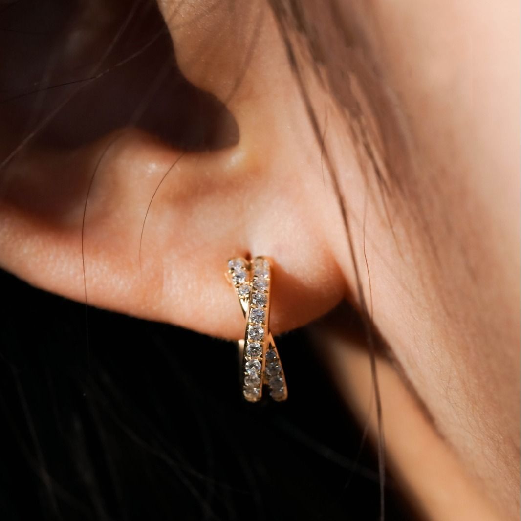 S925 Sterling Silver Cross Double Row CZ Ear Cuff - 18K Gold Plated Solid Twisted Hoop Earrings for Women - Delicate Fine Jewelry for Daily Wear - Gold Small - Image 4