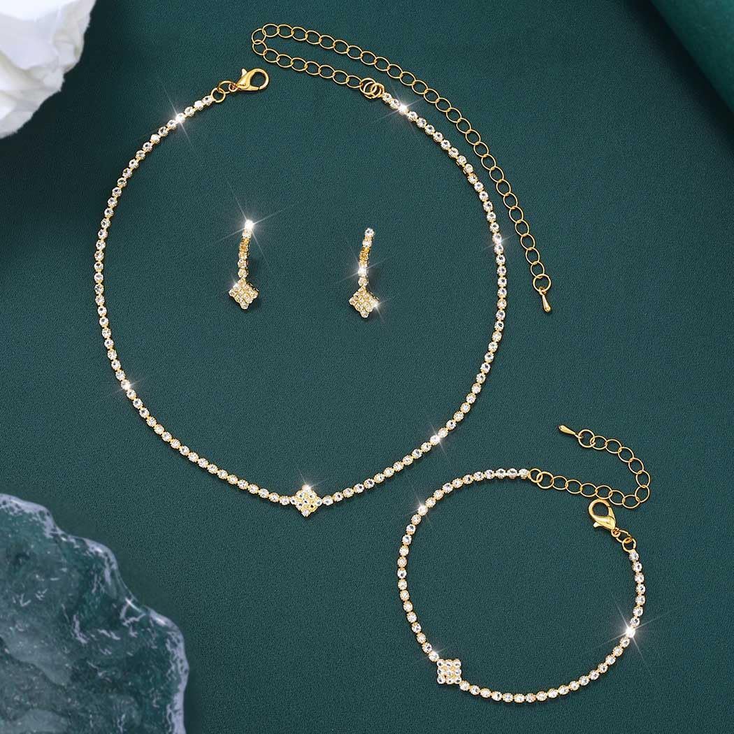Bridal Zircon Jewelry Set 3-in-1 - Earrings Bracelet Necklace for Wedding Party - Crystal Shiny Bridal Jewelry Set for Women - Gold - Image 1