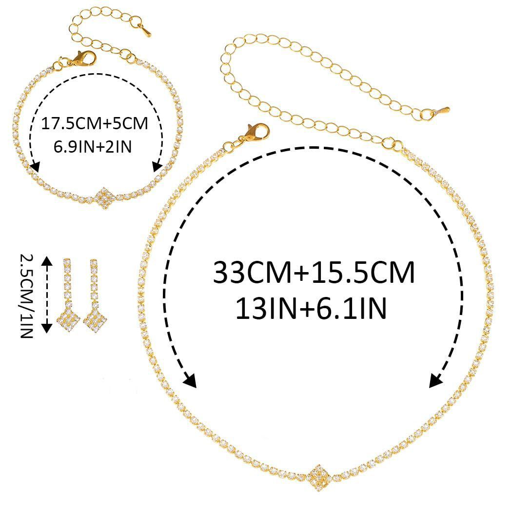 Bridal Zircon Jewelry Set 3-in-1 - Earrings Bracelet Necklace for Wedding Party - Crystal Shiny Bridal Jewelry Set for Women - Gold - Image 3