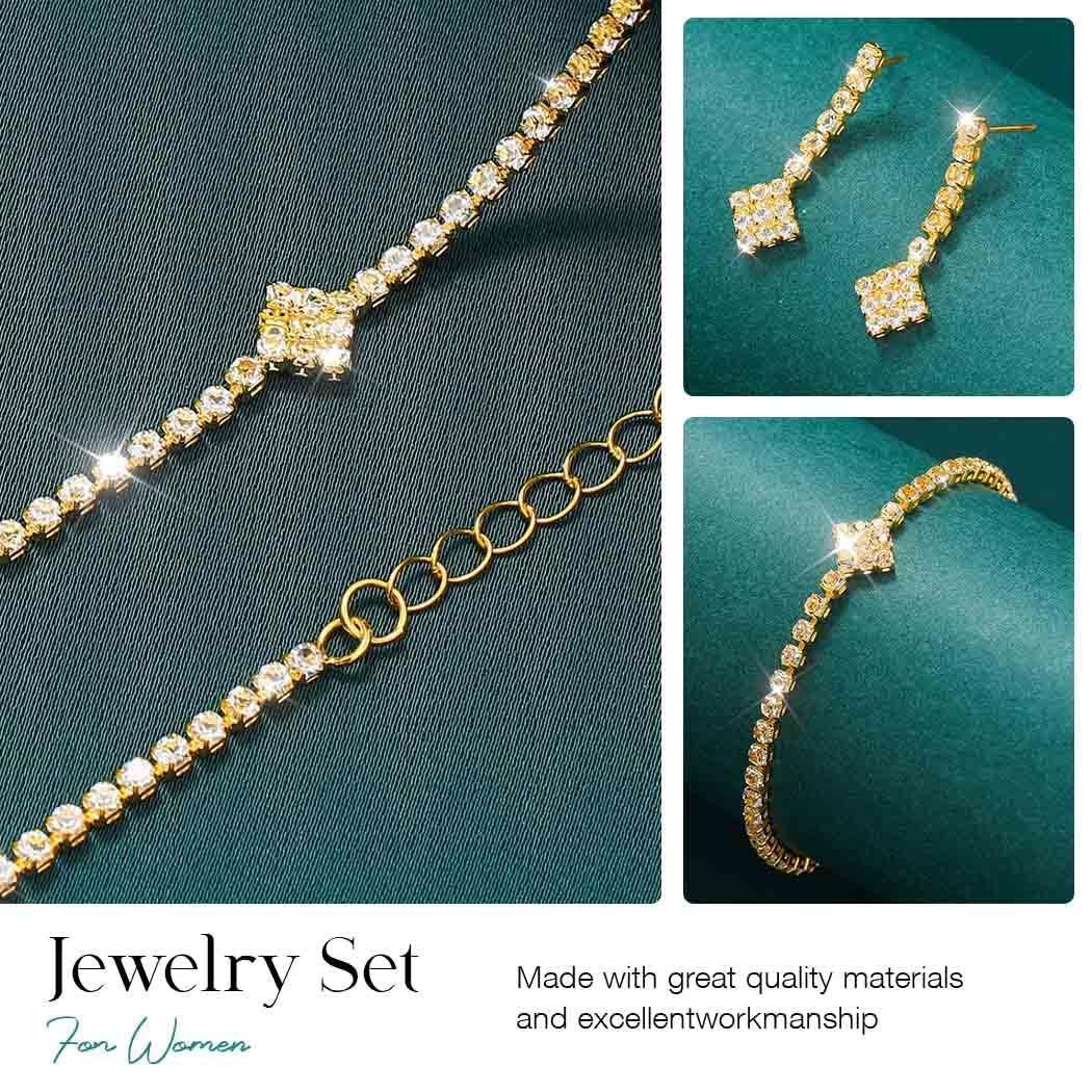 Bridal Zircon Jewelry Set 3-in-1 - Earrings Bracelet Necklace for Wedding Party - Crystal Shiny Bridal Jewelry Set for Women - Gold - Image 4