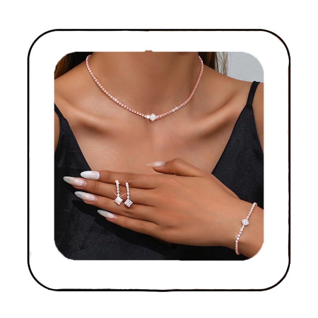 Bridal Zircon Jewelry Set 3-in-1 - Earrings Bracelet Necklace for Wedding Party - Crystal Shiny Bridal Jewelry Set for Women - Rose Gold - Image 2