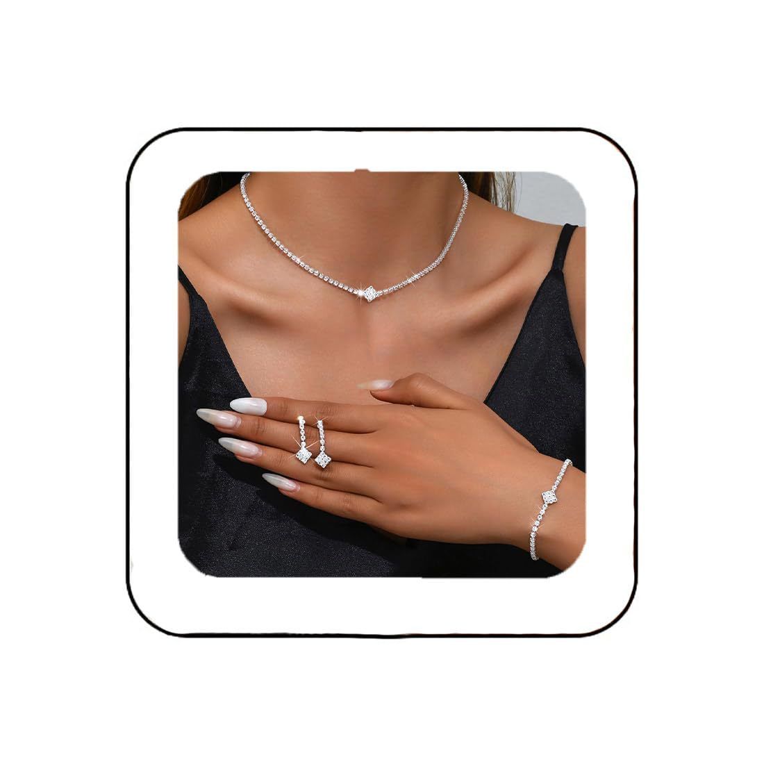 Bridal Zircon Jewelry Set 3-in-1 - Earrings Bracelet Necklace for Wedding Party - Crystal Shiny Bridal Jewelry Set for Women - Silver - Image 3