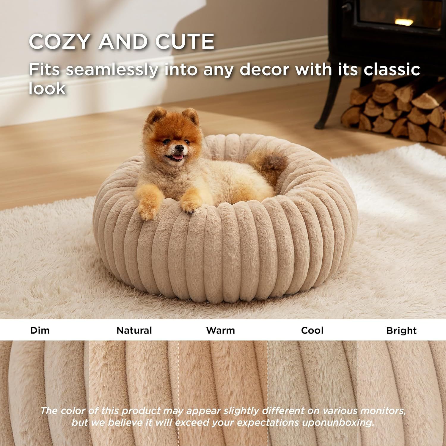 Calming Donut Pet Bed - Faux Rabbit Fur Soft Warm Round Cat Dog Bed - Plush Cozy Cuddler for Small Dogs Cats - Beige L 80cm - Image 3