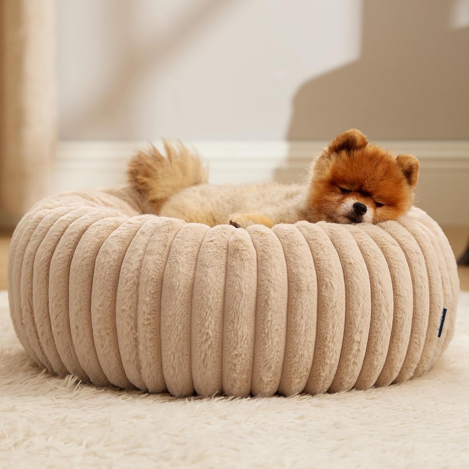 Calming Donut Pet Bed - Faux Rabbit Fur Soft Warm Round Cat Dog Bed - Plush Cozy Cuddler for Small Dogs Cats - Beige S 60cm - Image 1
