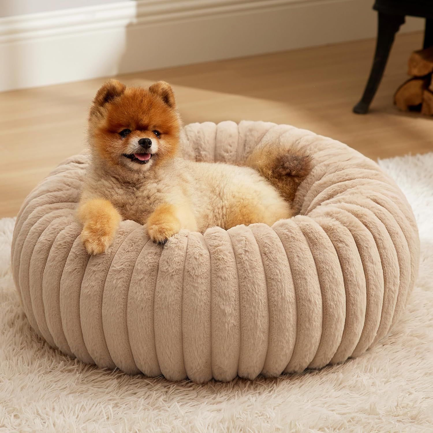 Calming Donut Pet Bed - Faux Rabbit Fur Soft Warm Round Cat Dog Bed - Plush Cozy Cuddler for Small Dogs Cats - Beige XS 50cm - Image 2