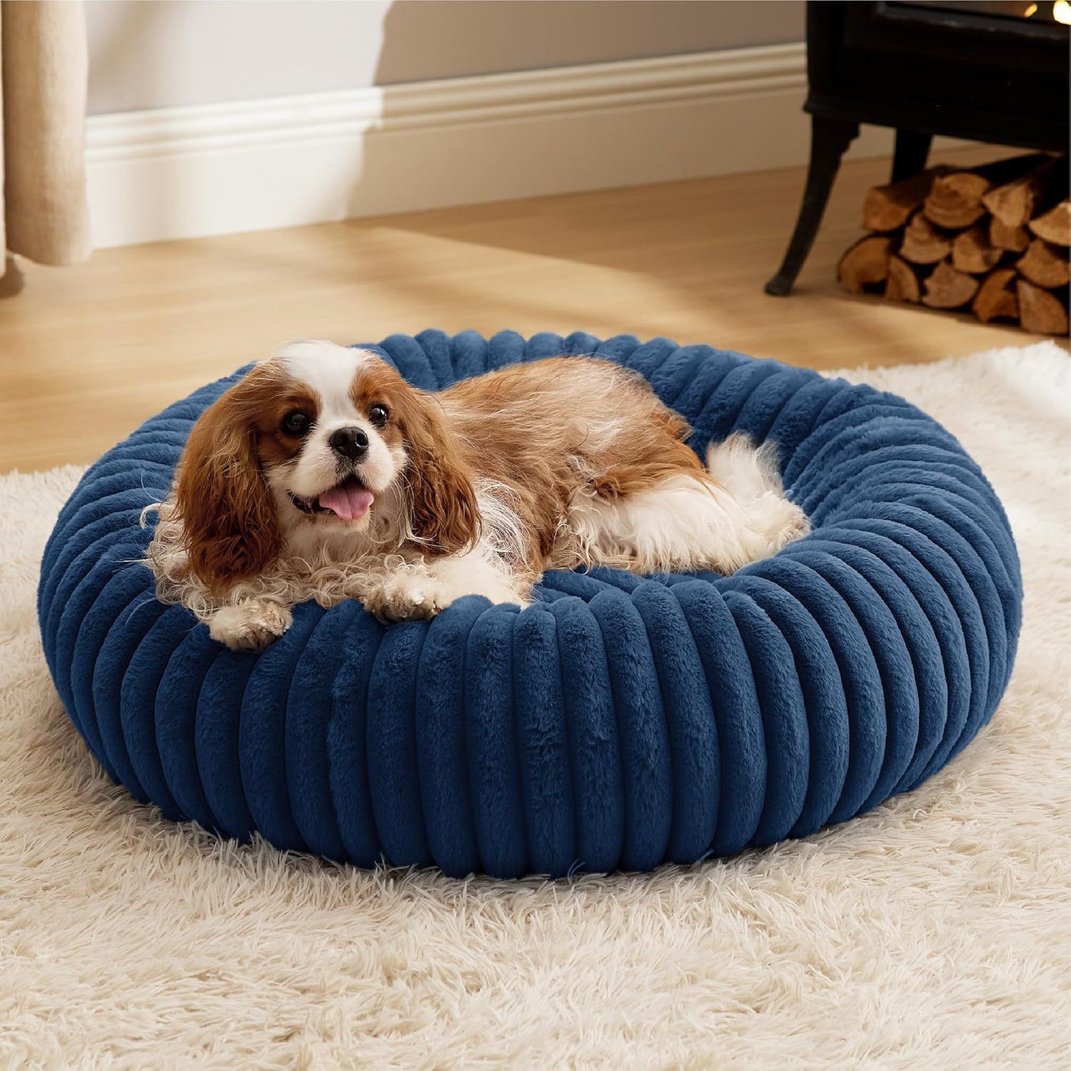 Calming Donut Pet Bed - Faux Rabbit Fur Soft Warm Round Cat Dog Bed - Plush Cozy Cuddler for Small Dogs Cats - Blue L 80cm - Image 1