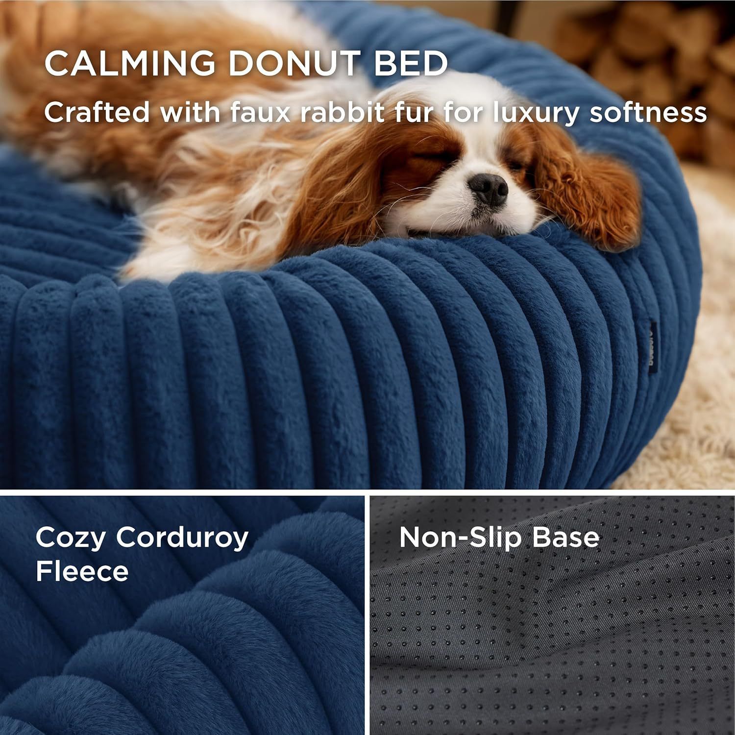 Calming Donut Pet Bed - Faux Rabbit Fur Soft Warm Round Cat Dog Bed - Plush Cozy Cuddler for Small Dogs Cats - Blue XL 90cm - Image 2