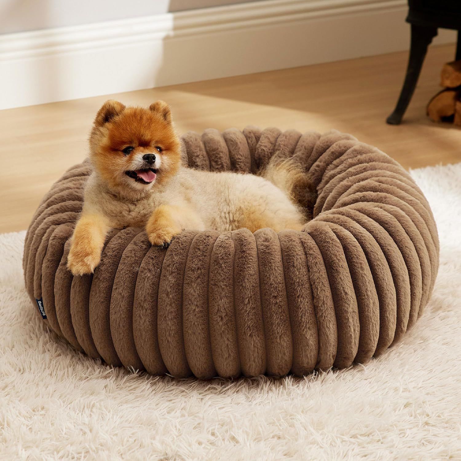 Calming Donut Pet Bed - Faux Rabbit Fur Soft Warm Round Cat Dog Bed - Plush Cozy Cuddler for Small Dogs Cats - Camel L 80cm - Image 1
