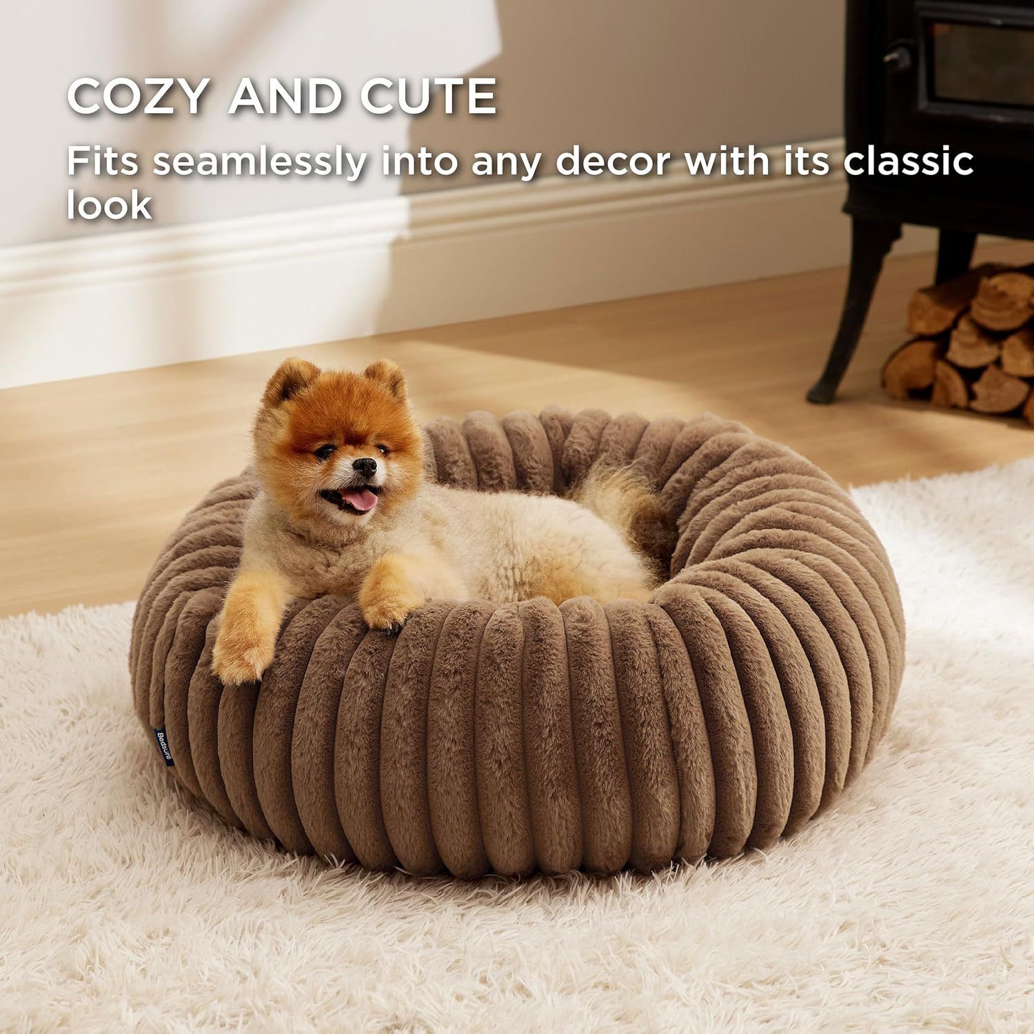 Calming Donut Pet Bed - Faux Rabbit Fur Soft Warm Round Cat Dog Bed - Plush Cozy Cuddler for Small Dogs Cats - Camel L 80cm - Image 3