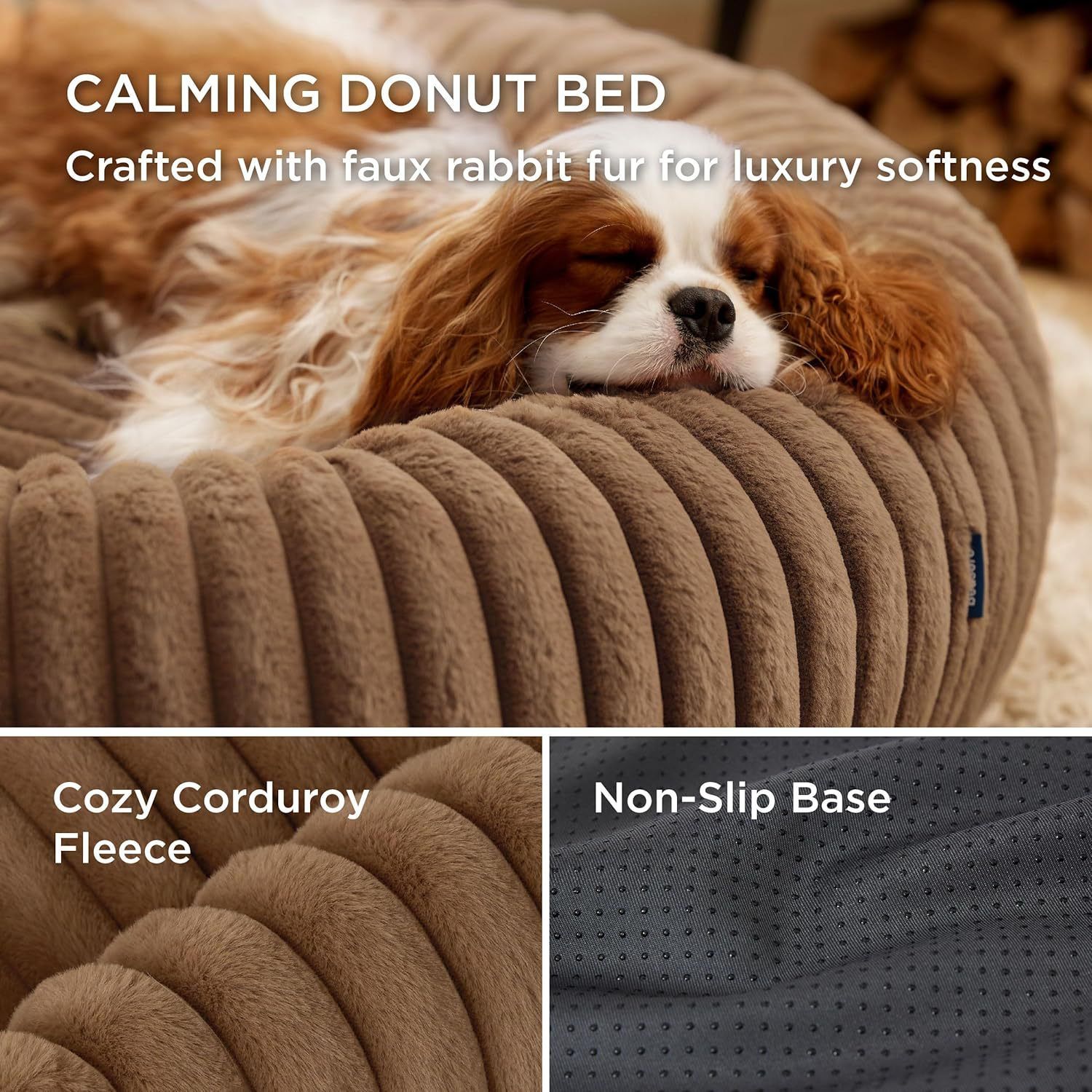 Calming Donut Pet Bed - Faux Rabbit Fur Soft Warm Round Cat Dog Bed - Plush Cozy Cuddler for Small Dogs Cats - Camel S 60cm - Image 4