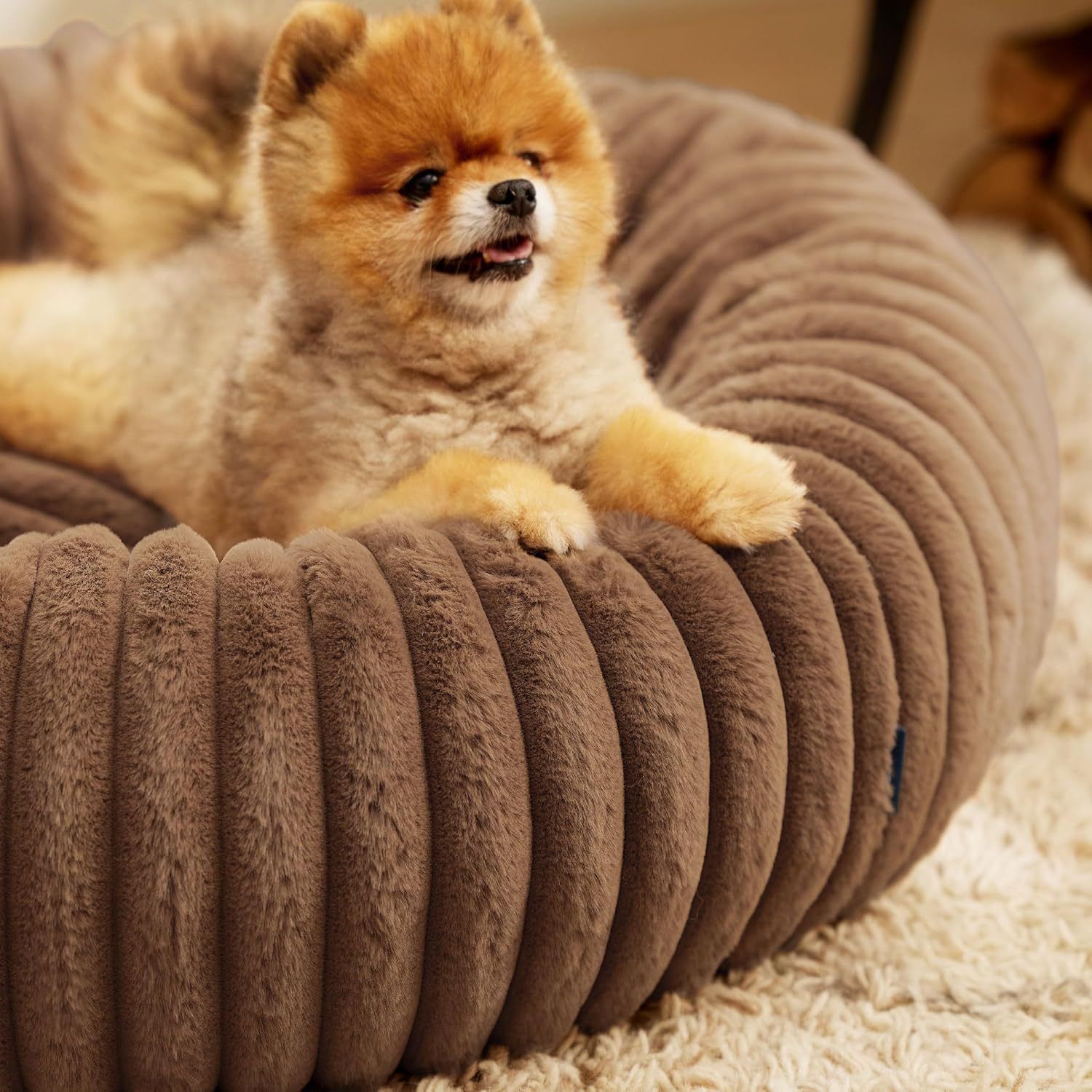 Calming Donut Pet Bed - Faux Rabbit Fur Soft Warm Round Cat Dog Bed - Plush Cozy Cuddler for Small Dogs Cats - Camel XL 90cm - Image 2